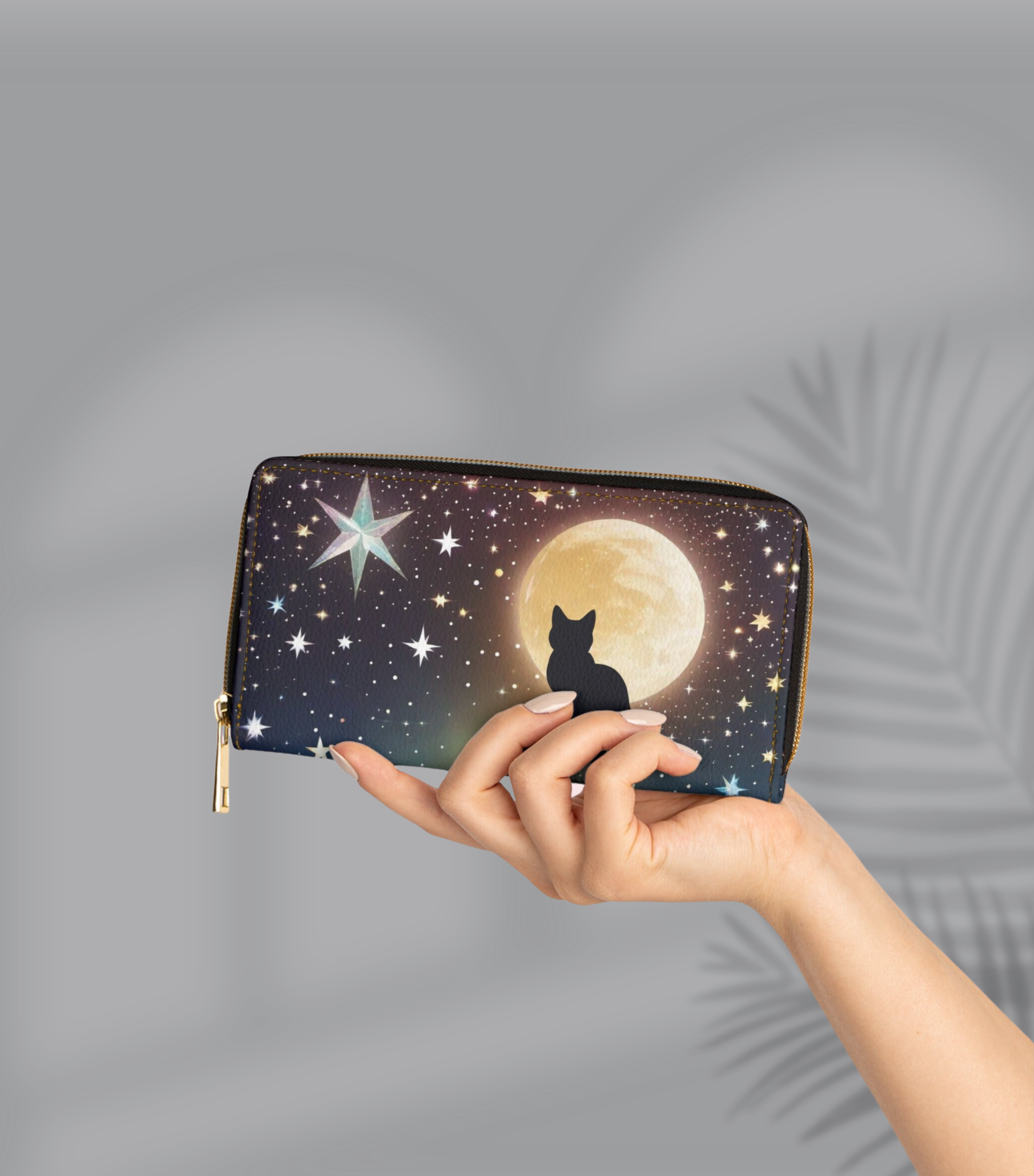 Gothic Black Cat Full Moon Wallet | Celestial Night Sky Faux Leather Zipper Clutch