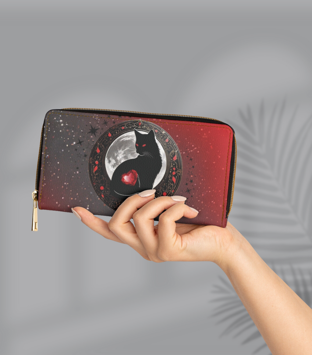 Gothic Black Cat Moon Wallet | Dark Academia Faux Leather Zipper Clutch