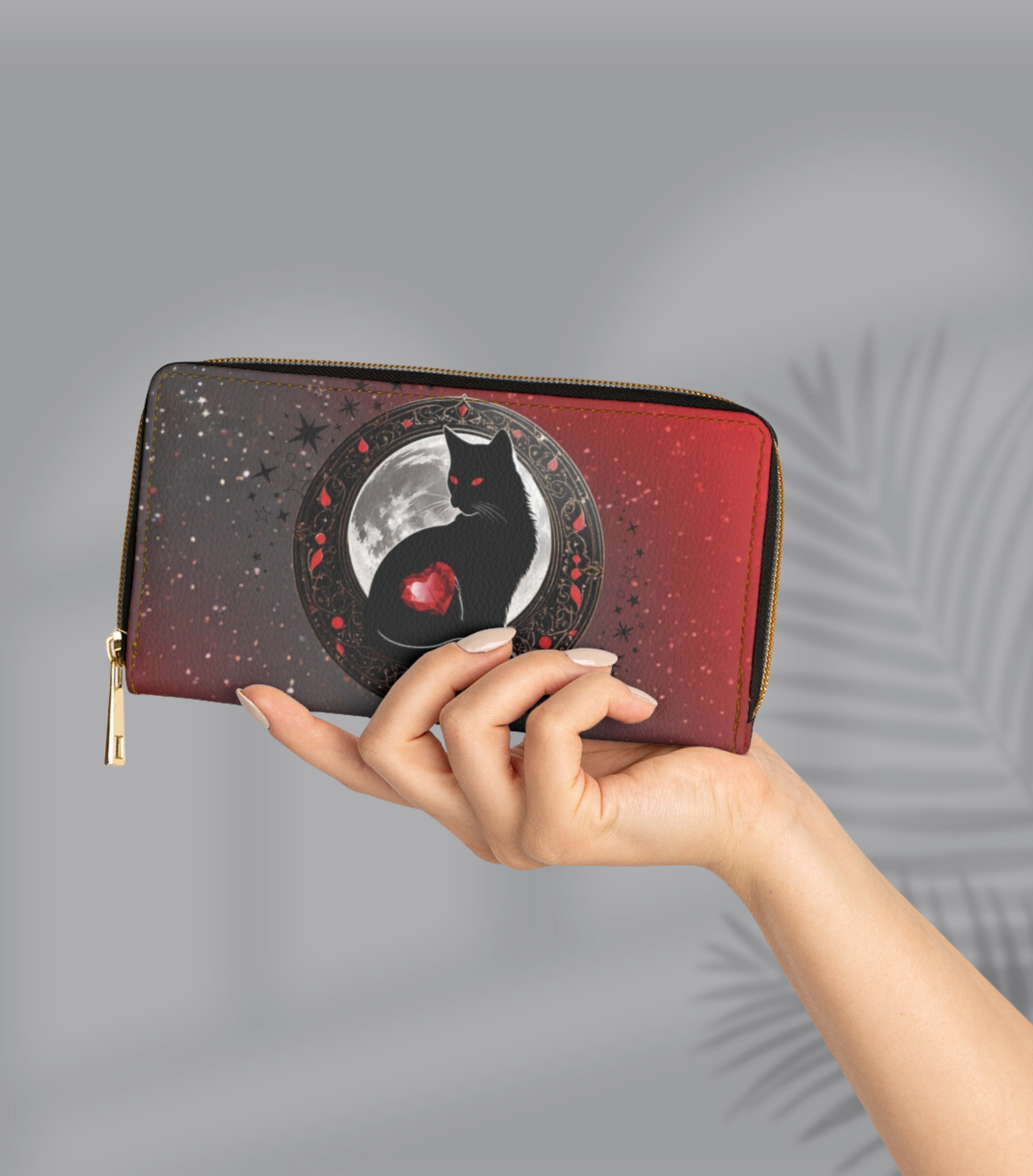 Gothic Black Cat Moon Wallet | Dark Academia Faux Leather Zipper Clutch