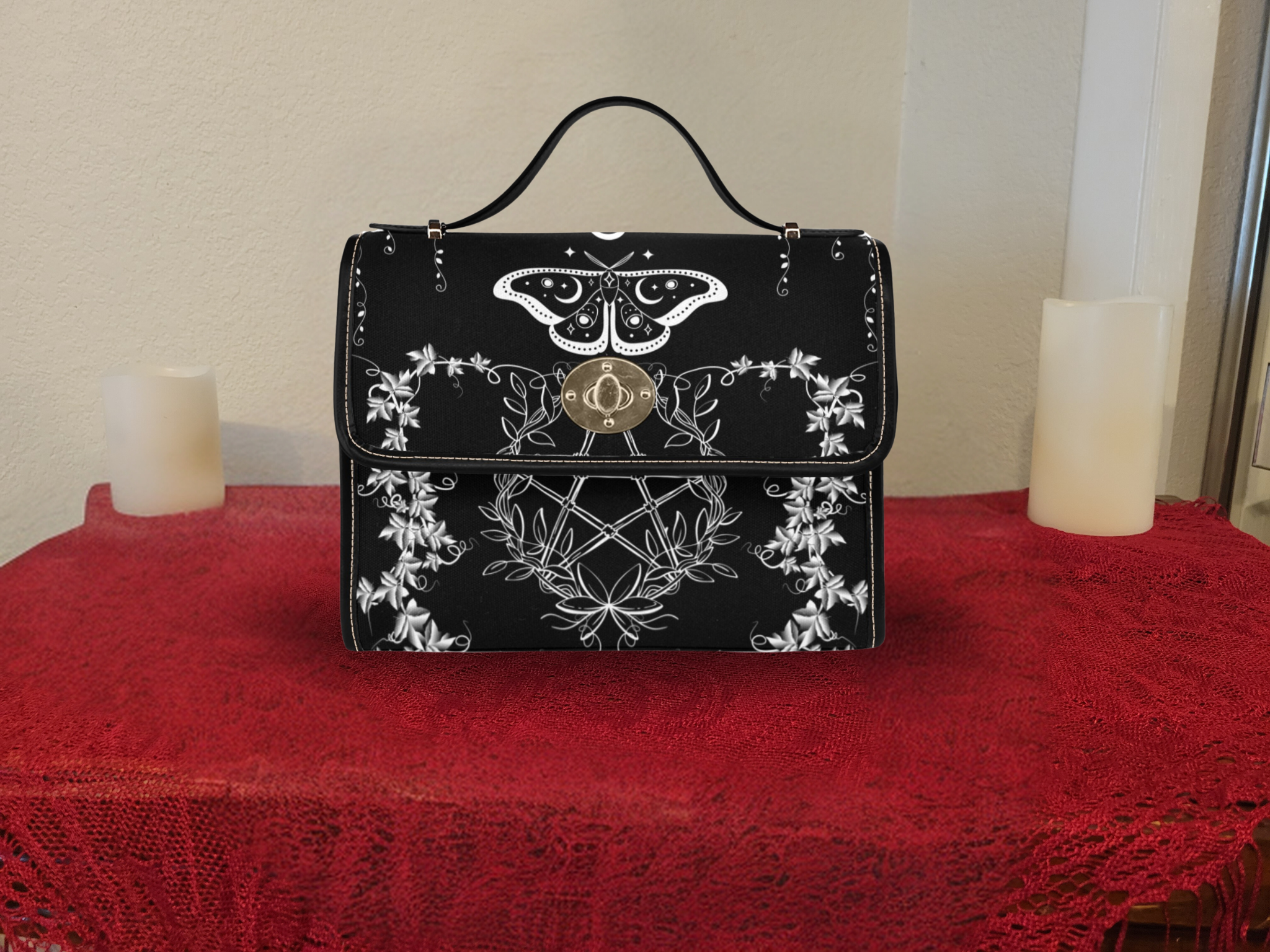 Gothic luna moth pentacle botanical vines flowers black white waterproof canvas handbag crossbody purse gold turn lock
