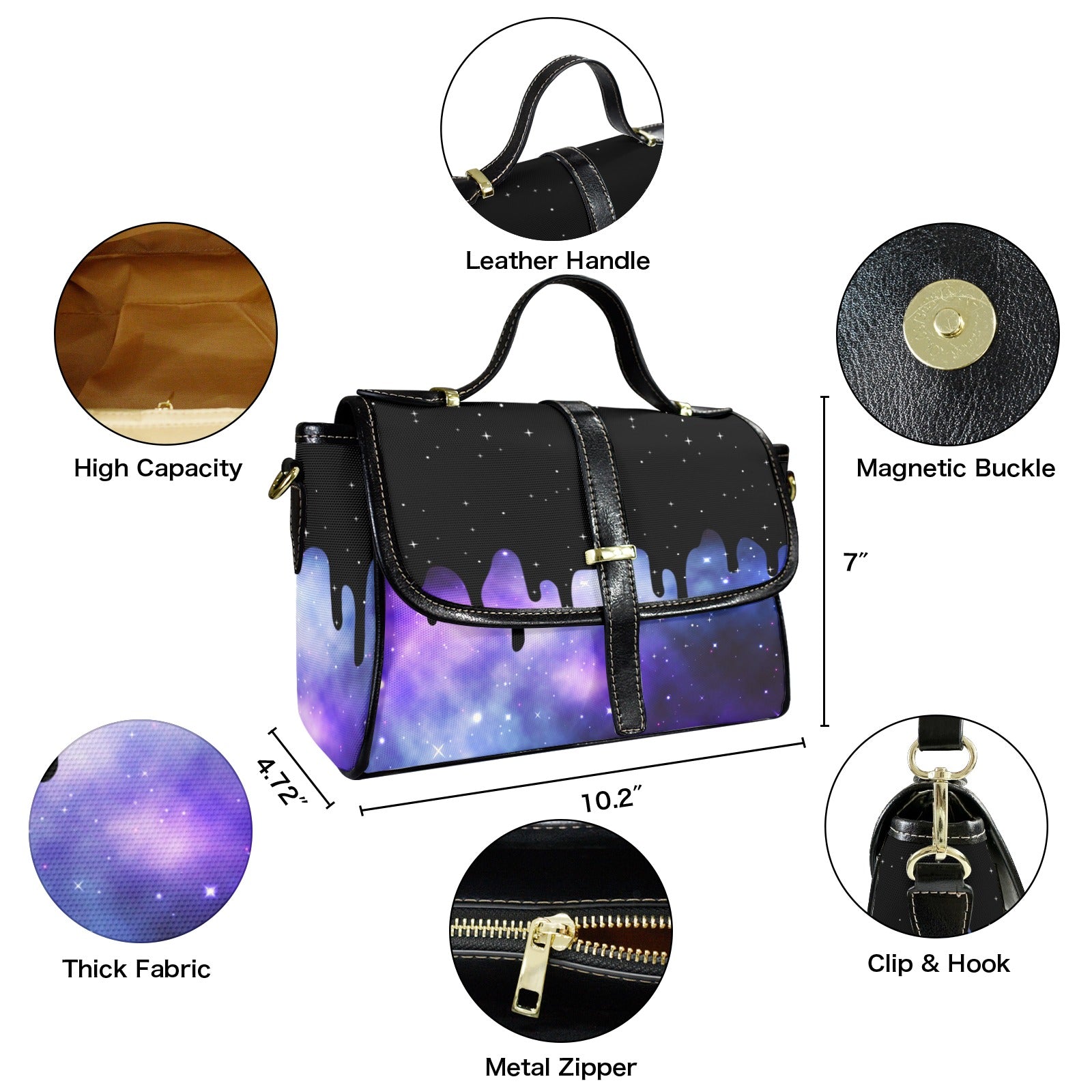 Pastel Goth Galaxy Drip Crossbody Bag | Purple Cosmic Waterproof Canvas Satchel Purse