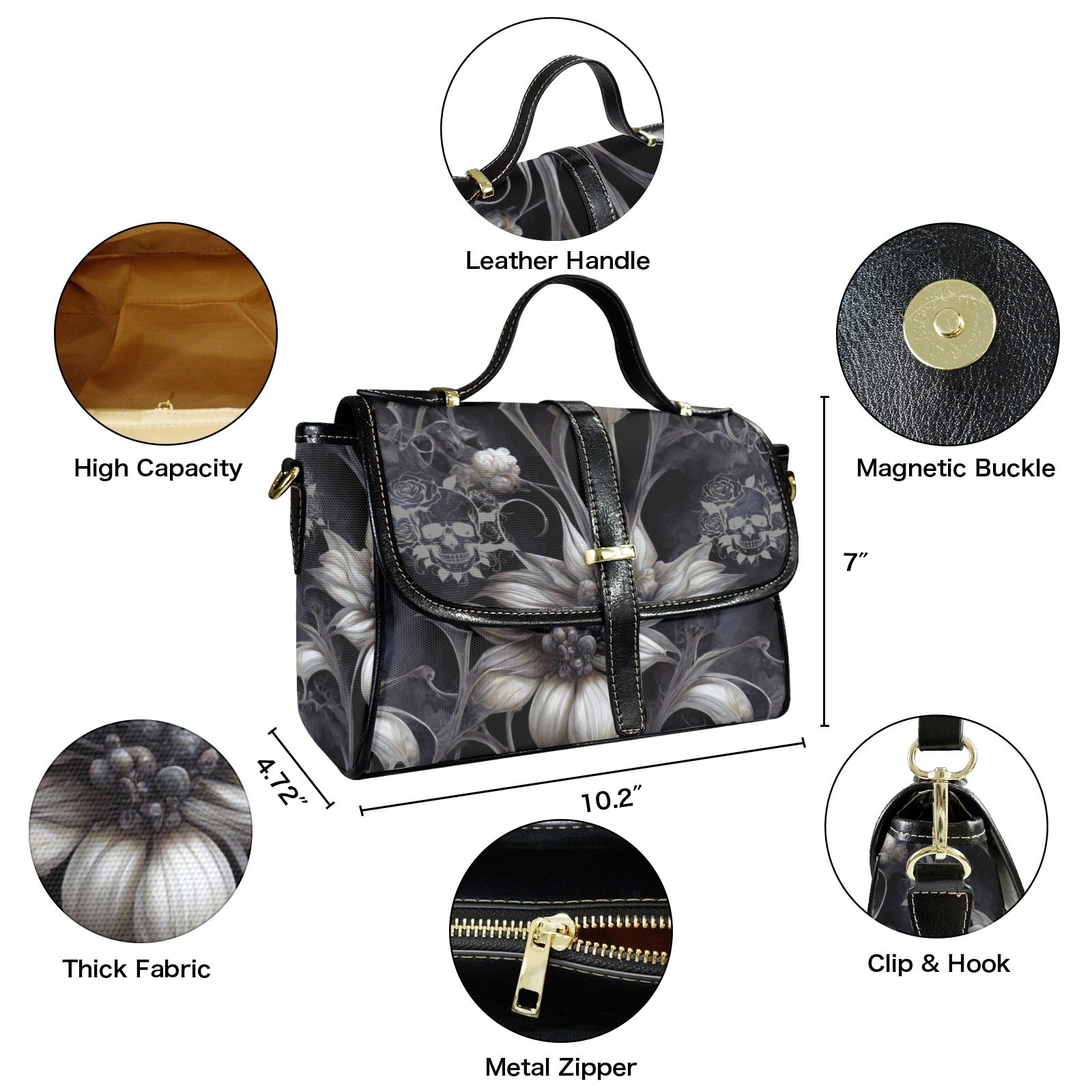 Gothic Botanical Skull Crossbody Bag | Dark Floral Lily Waterproof Canvas Satchel Purse