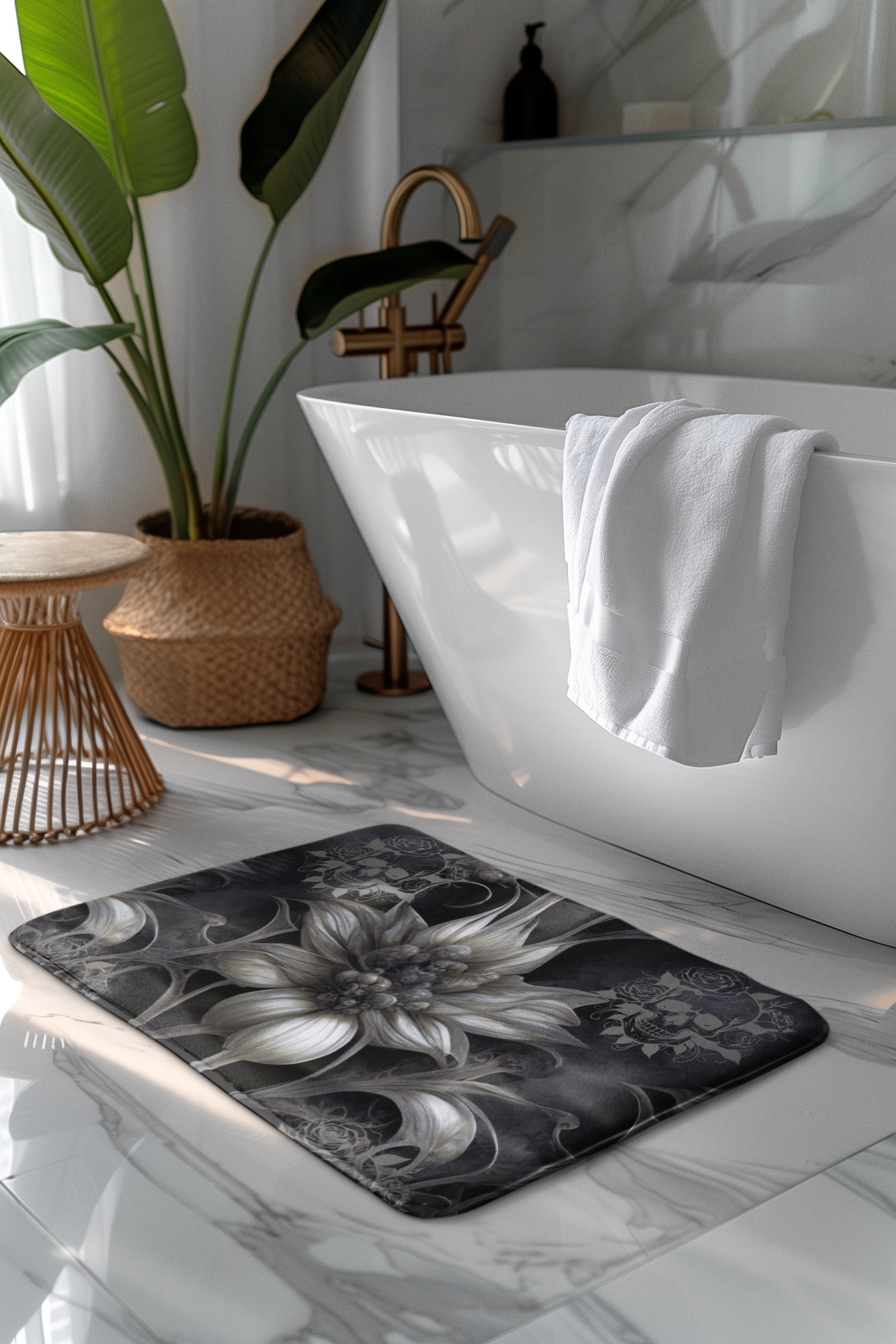 Gothic Botanical Skull Bath Mat — Dark Floral Black Bathroom Decor