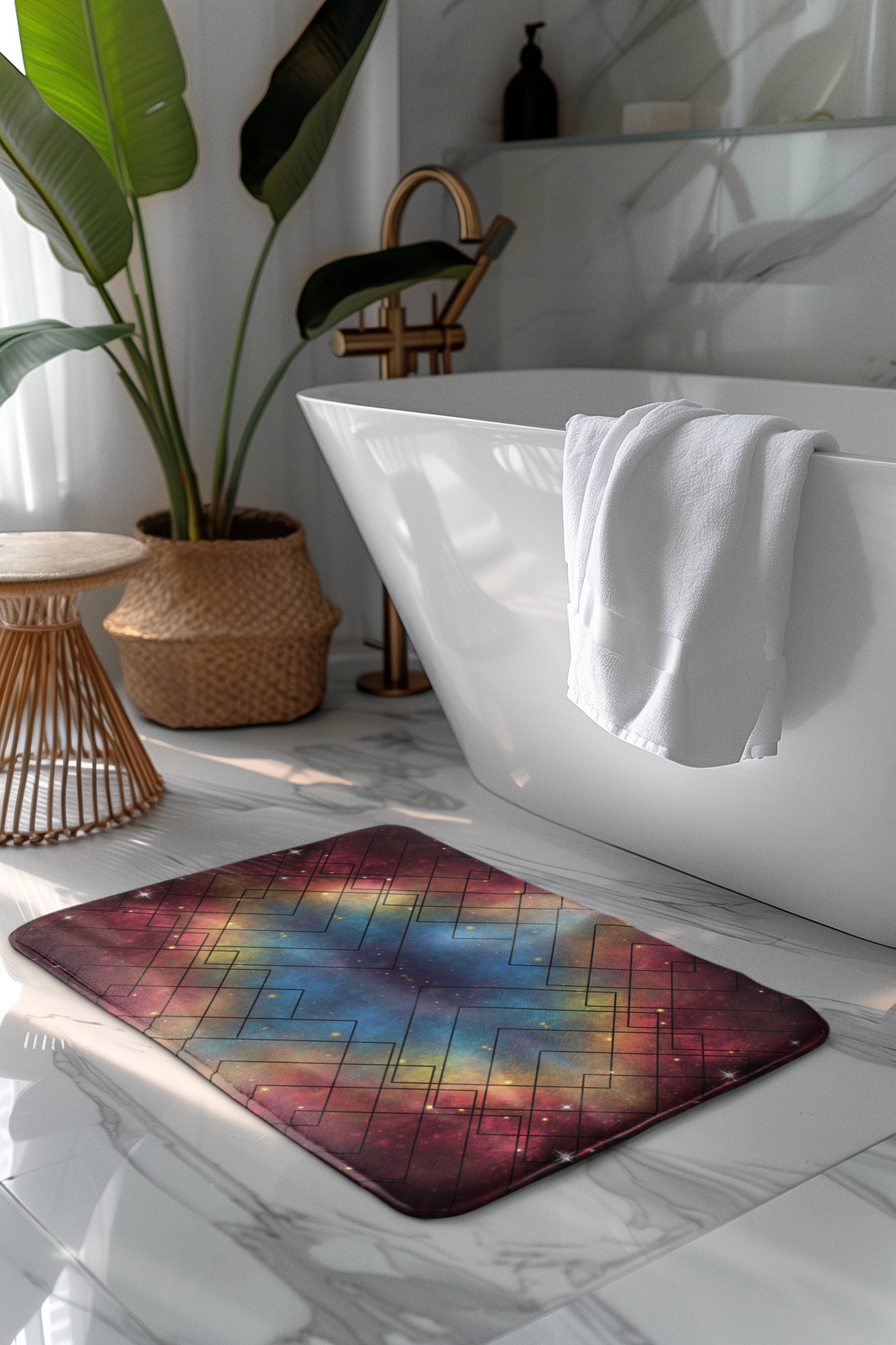 Rainbow Galaxy Geometric Shower Curtain — Colorful Space Bathroom Decor
