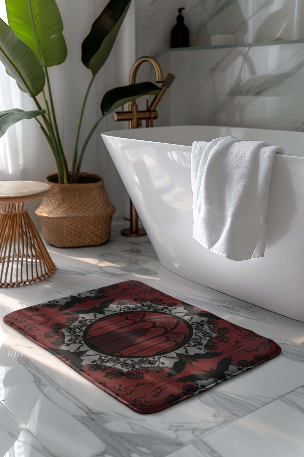 Gothic Cathedral Bats Shower Curtain — Crimson Rose Mandala Bathroom Decor