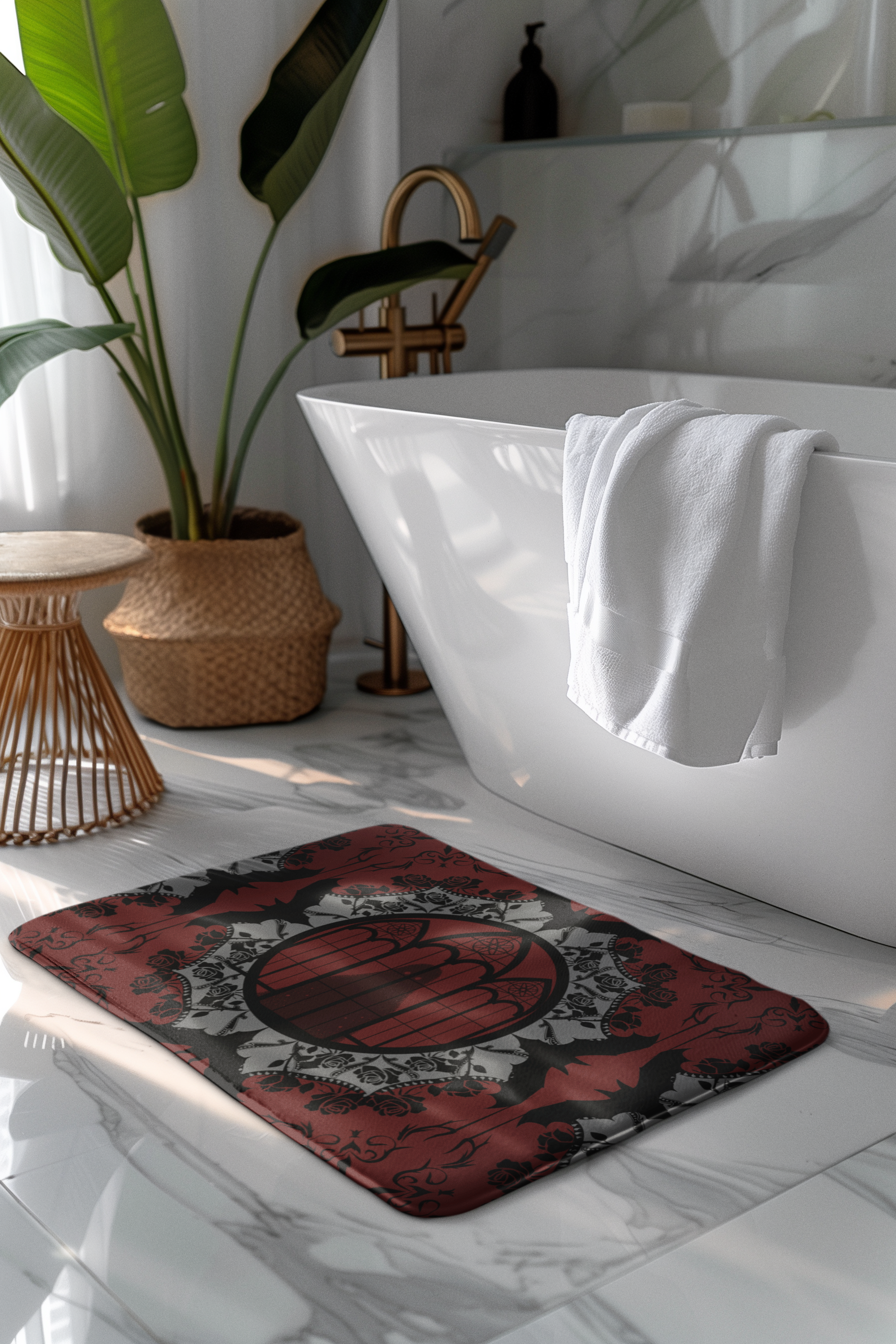 Gothic Cathedral Bats Shower Curtain — Crimson Rose Mandala Bathroom Decor