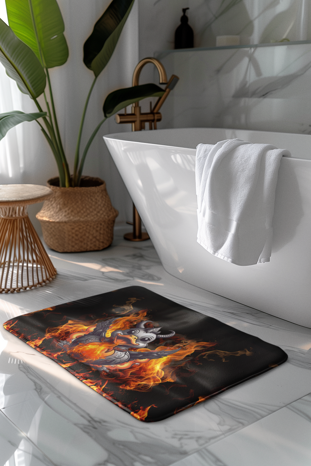 Gothic Fire Duck Shower Curtain — Demon Rubber Ducky Dark Bathroom Decor
