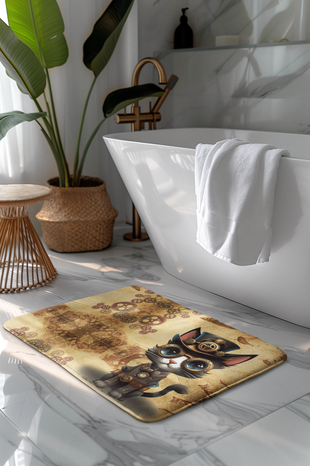 Steampunk Cat Shower Curtain — Vintage Industrial Bathroom Decor