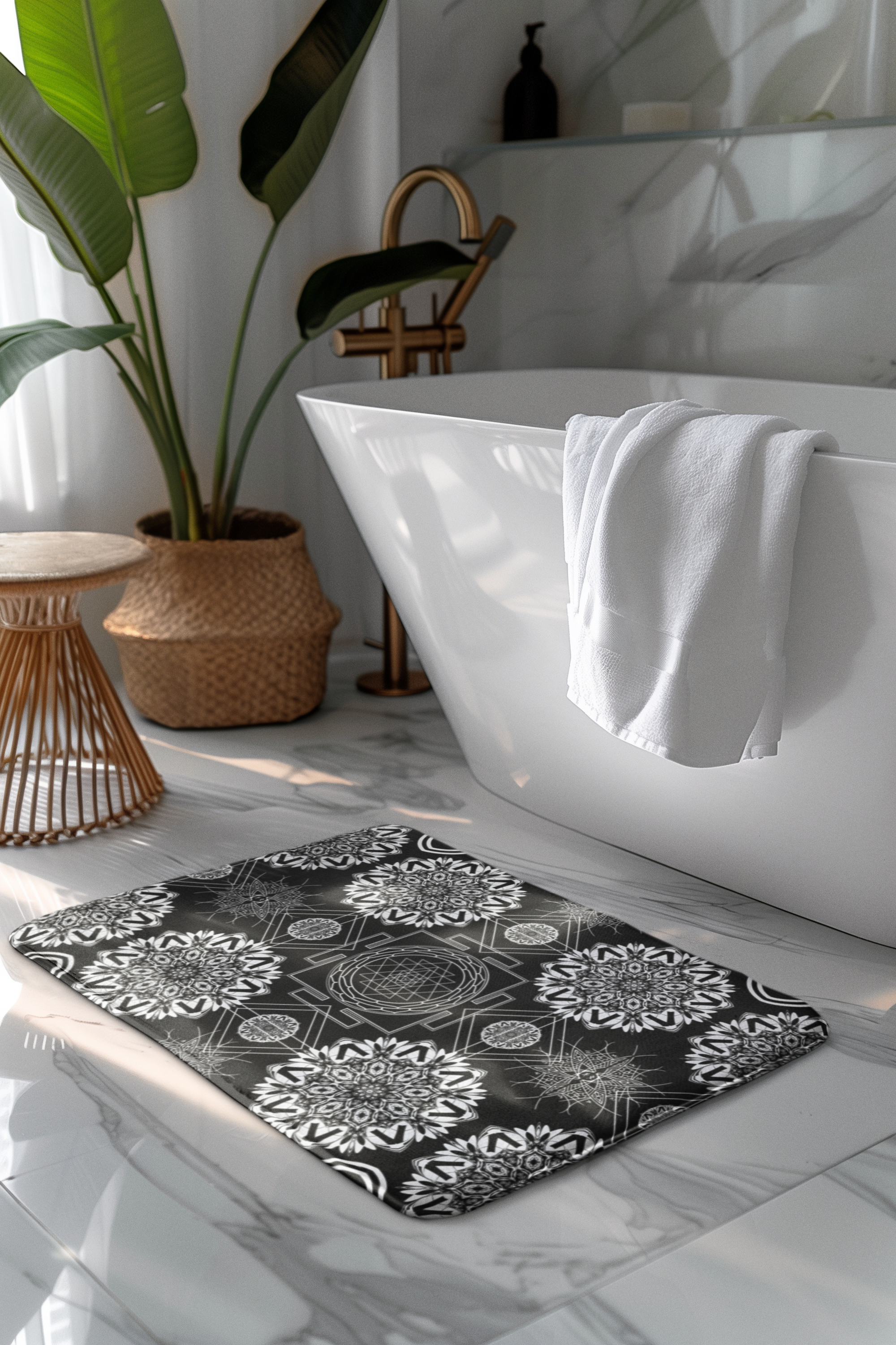 Sacred Geometry Shower Curtain — Mystical Black & White Mandala Bathroom Decor