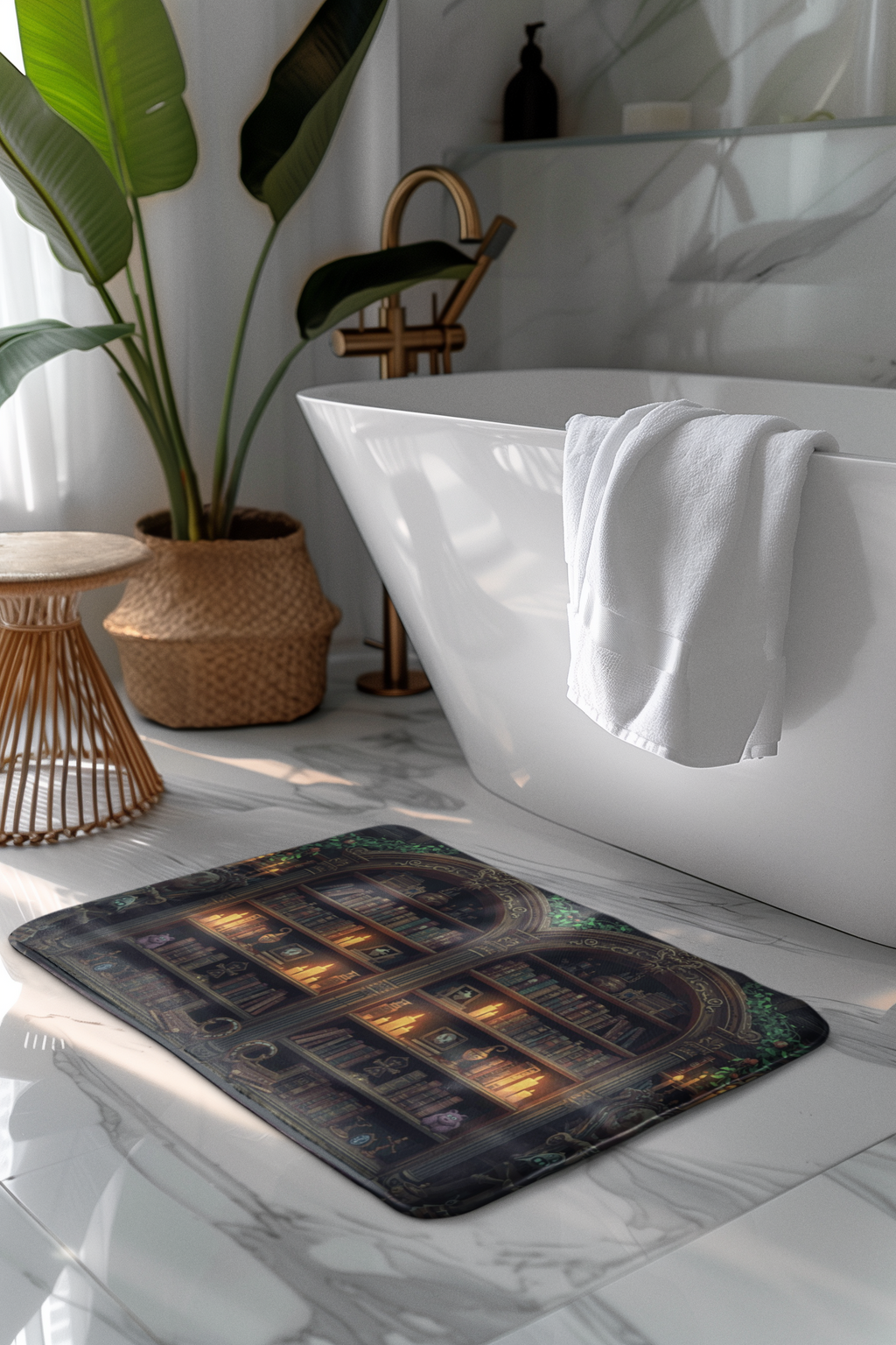 Whimsical Bookcase Shower Curtain — Dark Fantasy Library Bathroom Decor