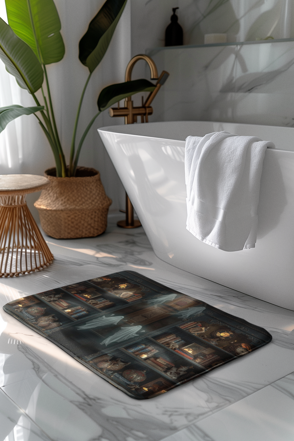 Whimsigoth Bookcase Ghost Shower Curtain — Dark Academia Ghost Library Decor