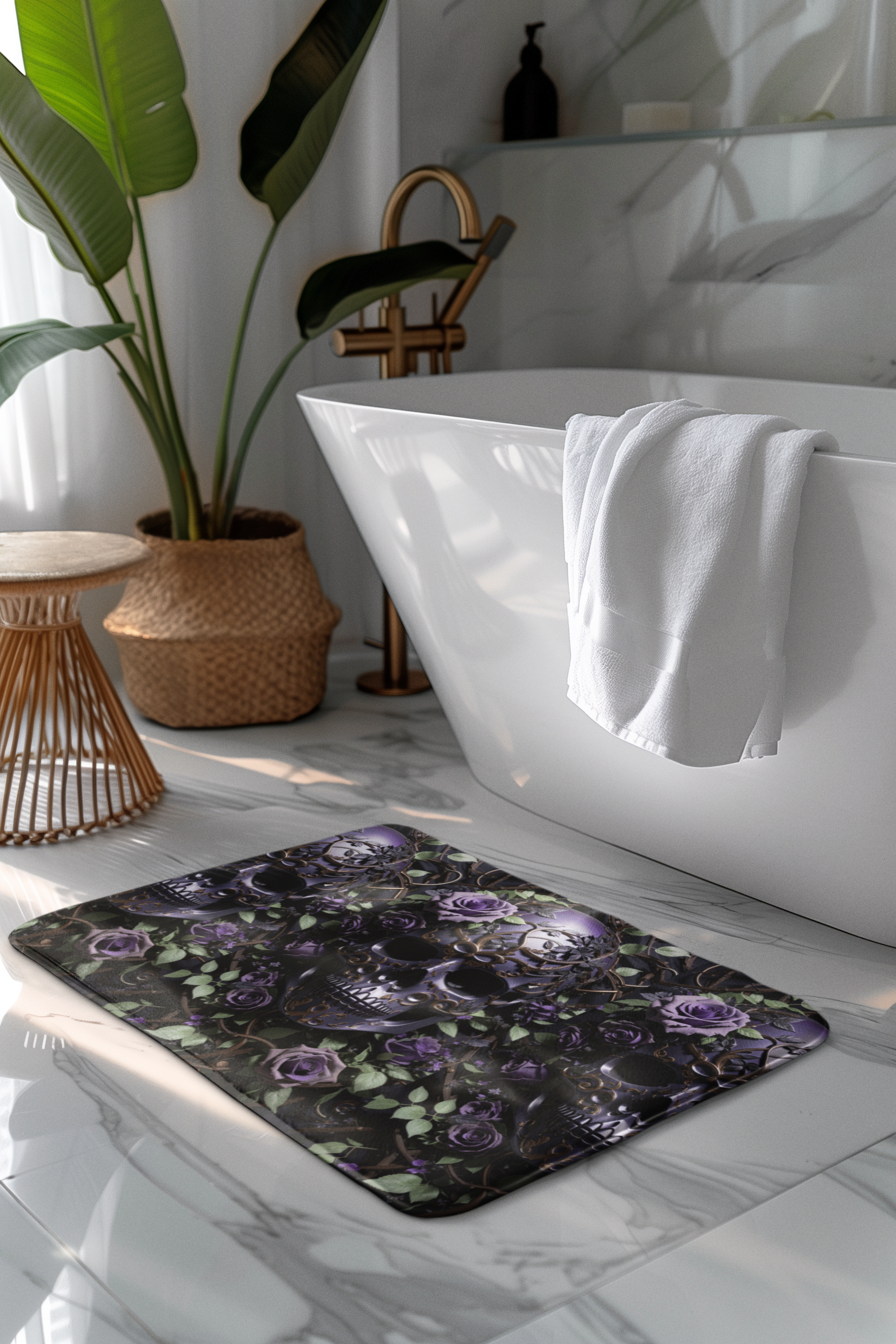Gothic Purple Skull Bath Mat — Dark Floral Rose Bathroom Decor