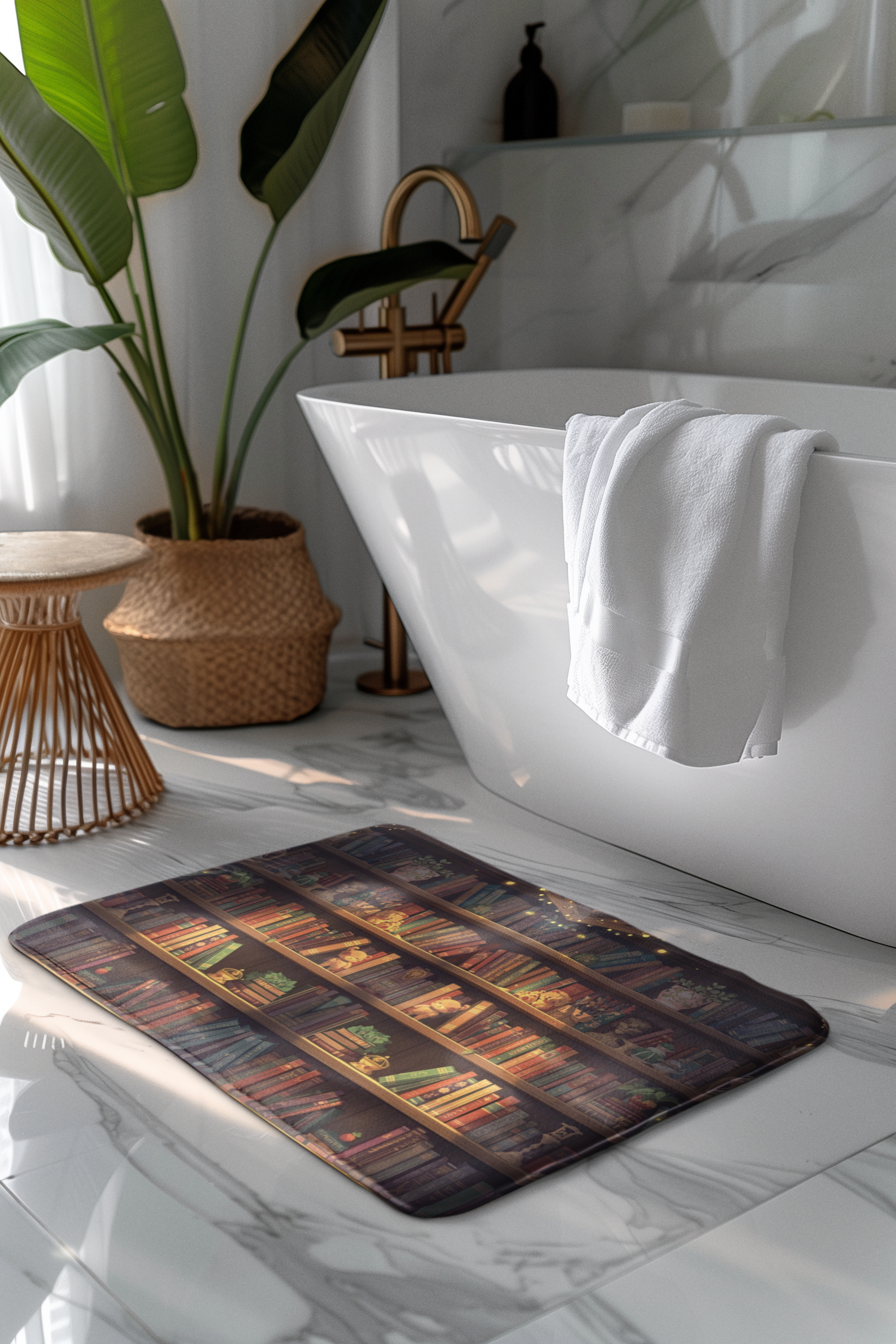 Cottagecore Bookcase Bath Mat — Cozy Fantasy Book Lover Bathroom Decor