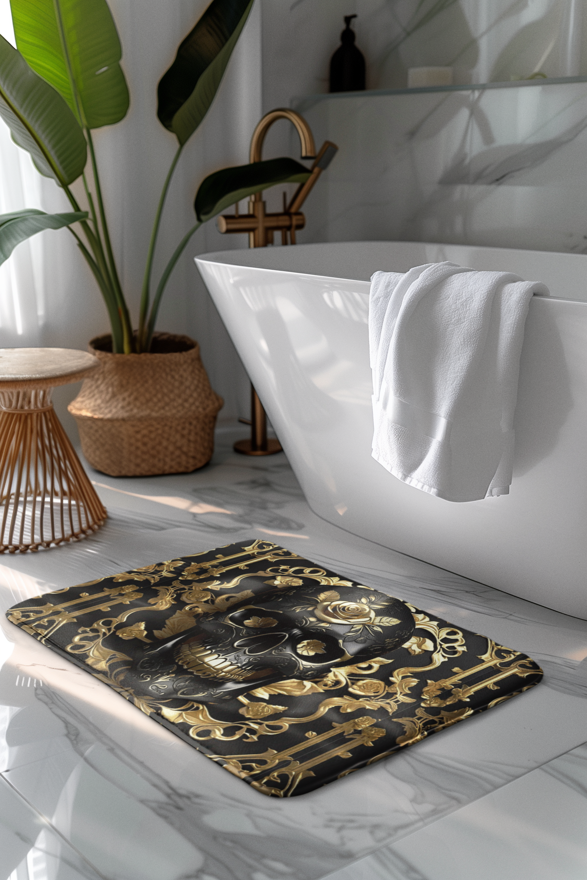 Gothic Black & Gold Skull Bath Mat — Luxury Baroque Bathroom Decor