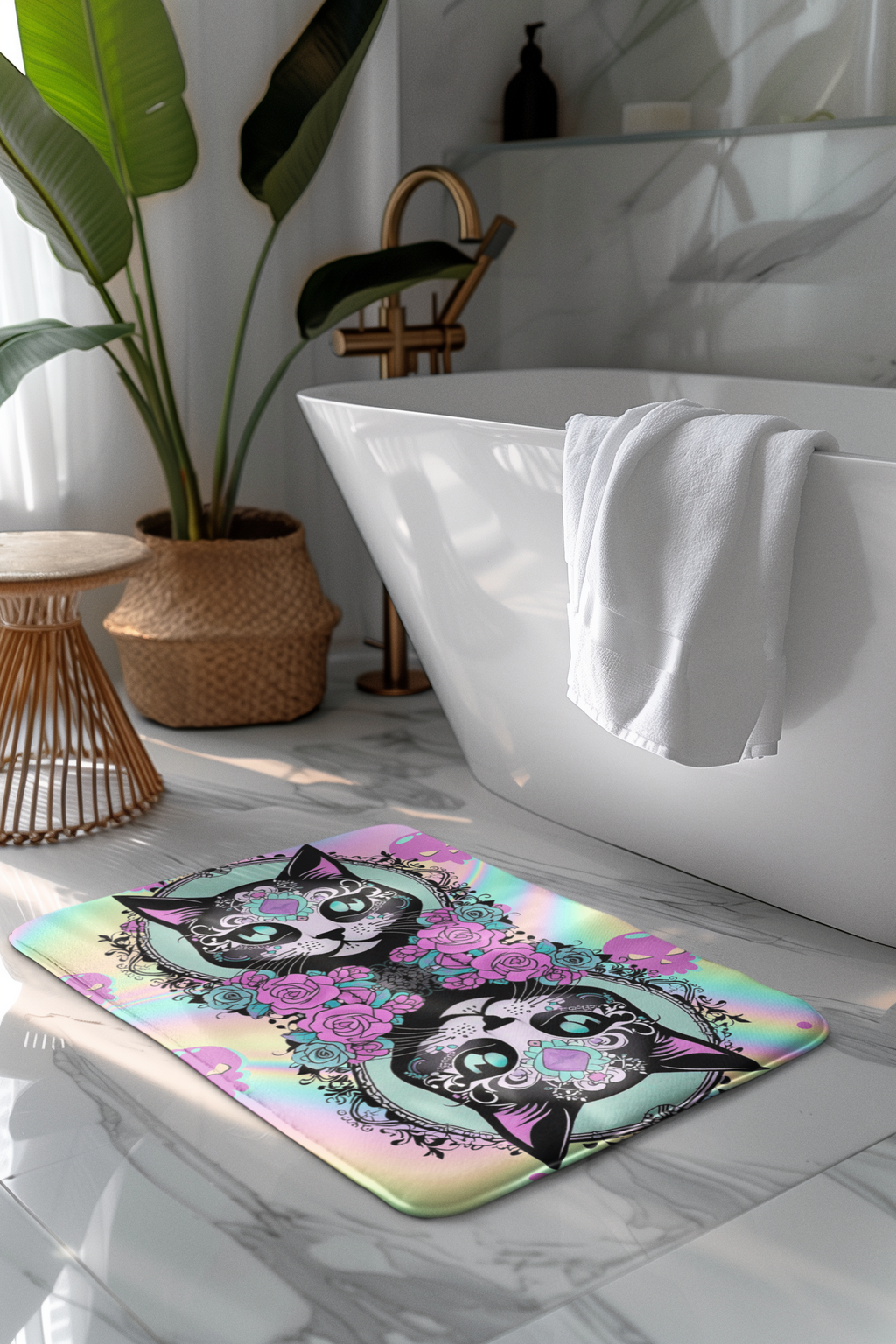 Pastel Goth Cat Shower Curtain — Kawaii Sugar Skull Cat Rainbow Bathroom Decor