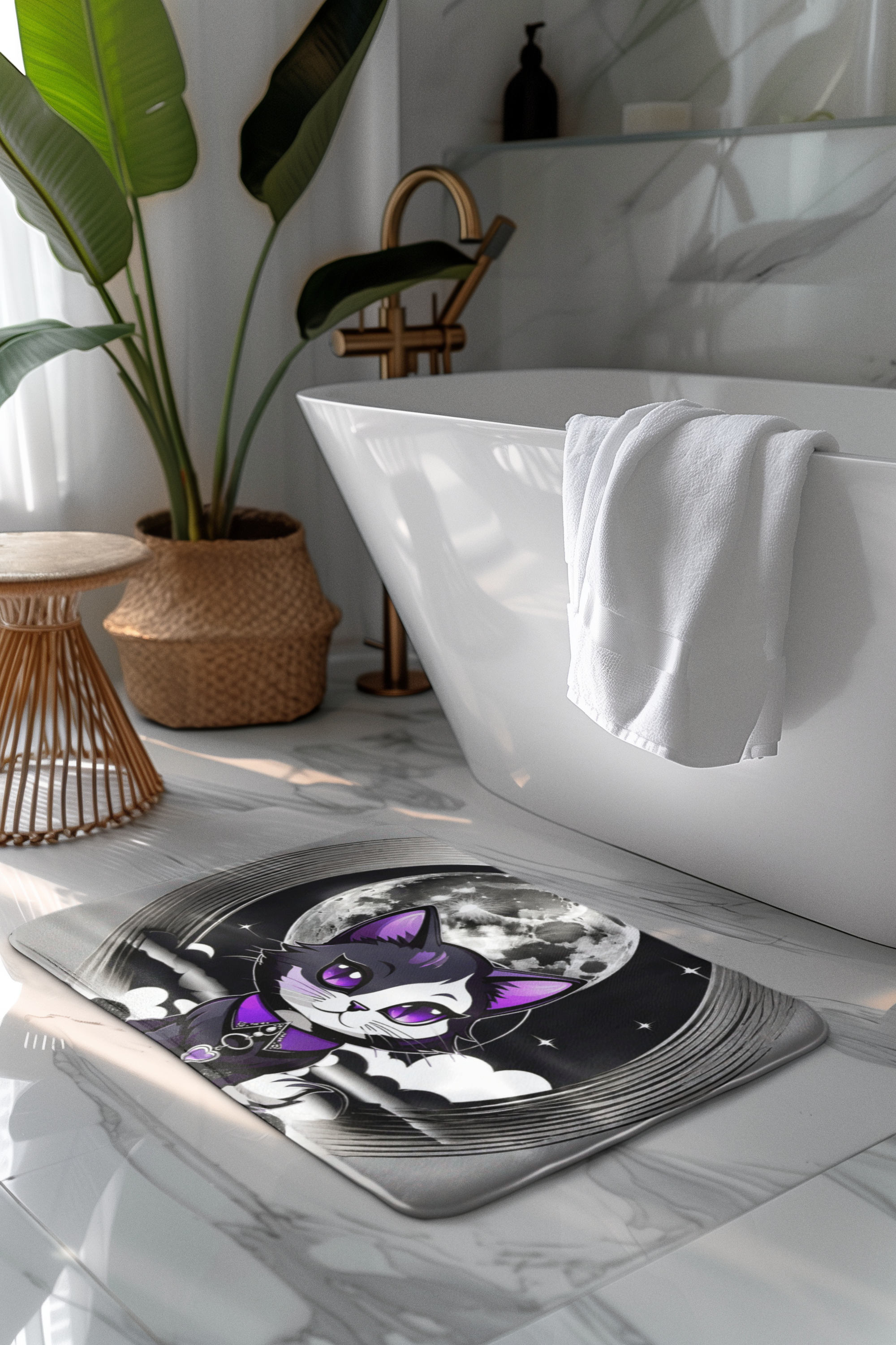 Pastel Goth Black Cat Full Moon Shower Curtain — Witchy Bathroom Decor
