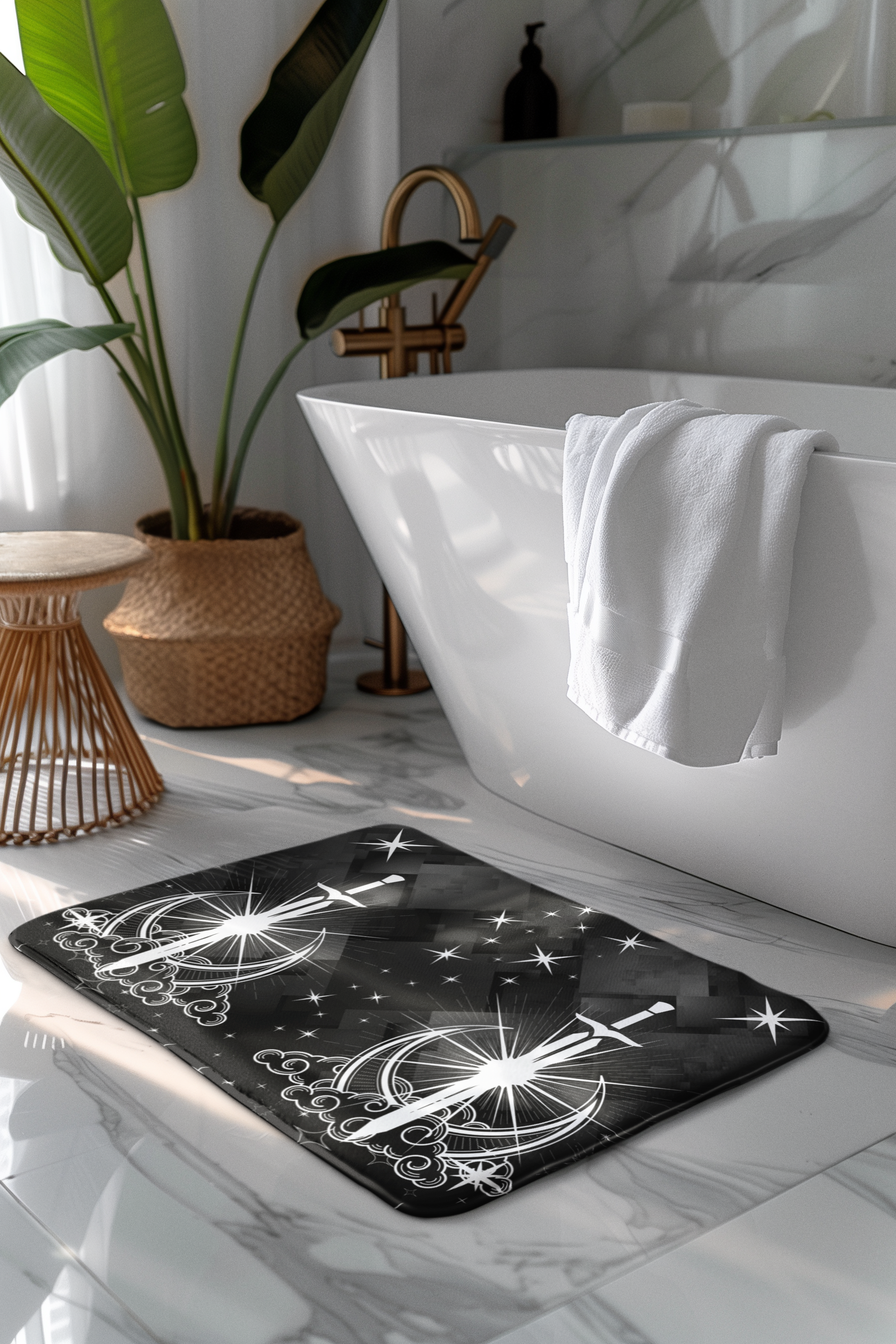 Gothic Celestial Sword Crescent Moon Bath Mat — Starry Night Bathroom Decor