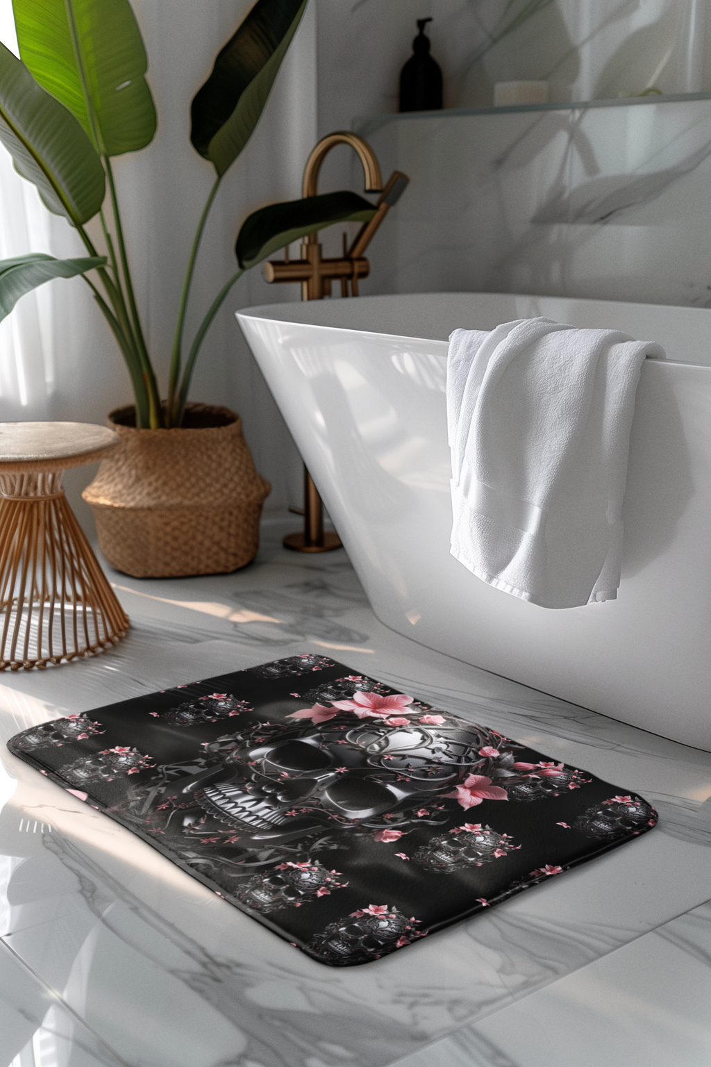 Gothic Floral Skull Bath Mat — Dark Botanical Bathroom Decor