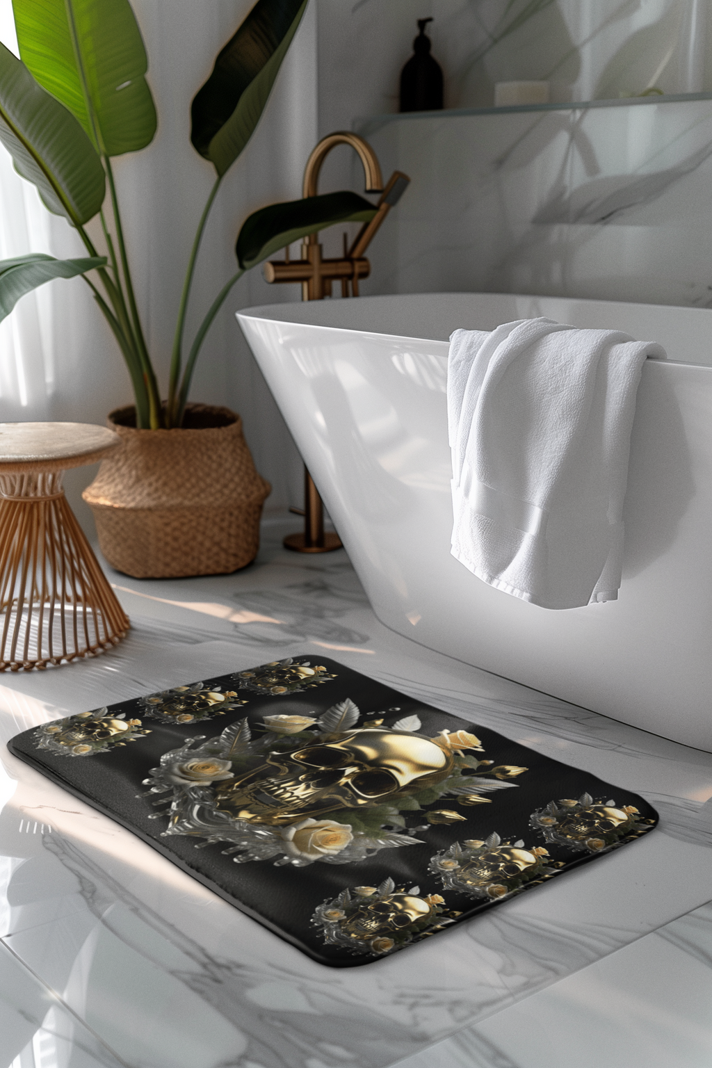 Gothic Gold Skull Crystal Rose Bath Mat — Whimsigoth Bathroom Decor