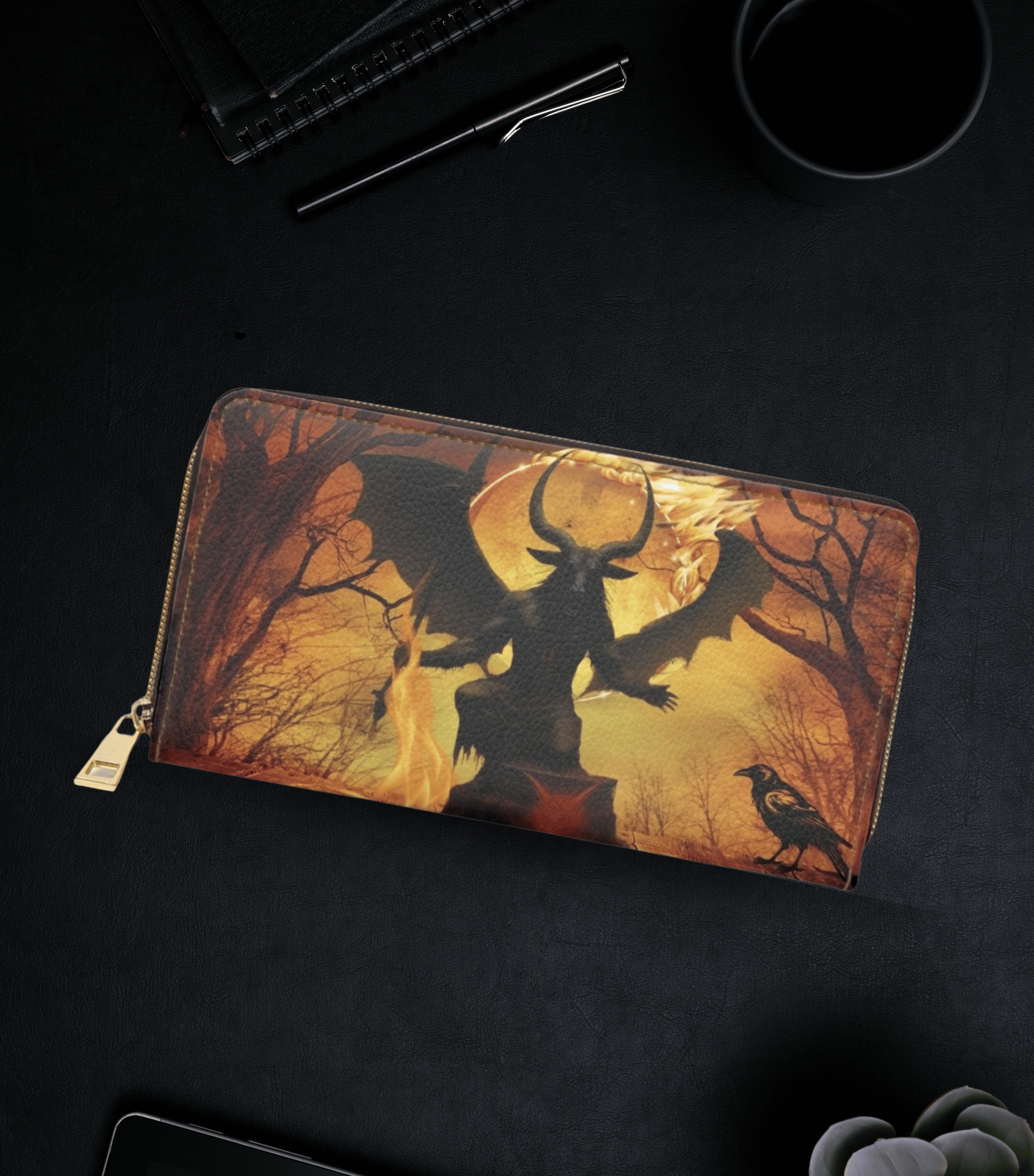 
Gothic baphomet horned demon fiery amber sky twisted trees raven faux leather zipper wallet gold hardware