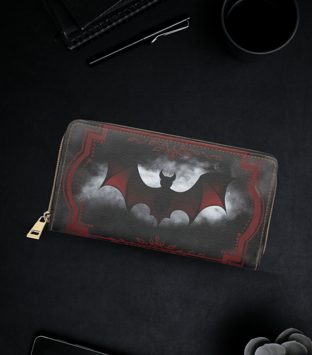 Gothic red black vampire bat moonlit clouds ornate border faux leather zipper wallet gold hardware

Next one whenever you're ready.