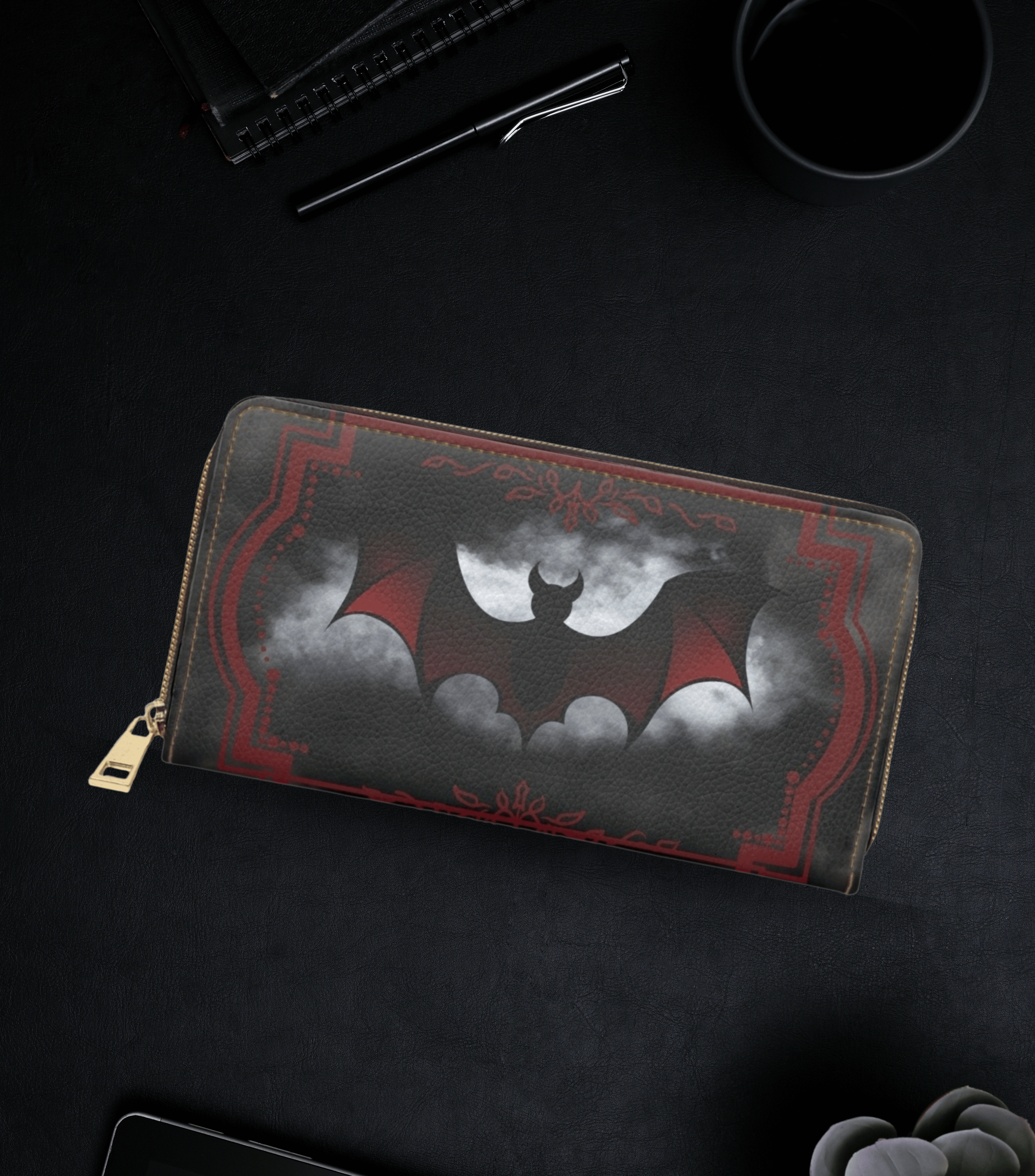 Gothic red black vampire bat moonlit clouds ornate border faux leather zipper wallet gold hardware

Next one whenever you're ready.
