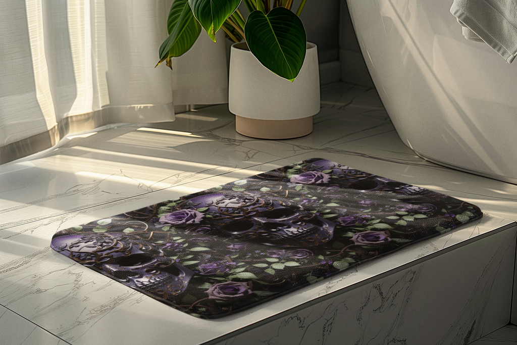 Gothic Purple Skull Bath Mat — Dark Floral Rose Bathroom Decor