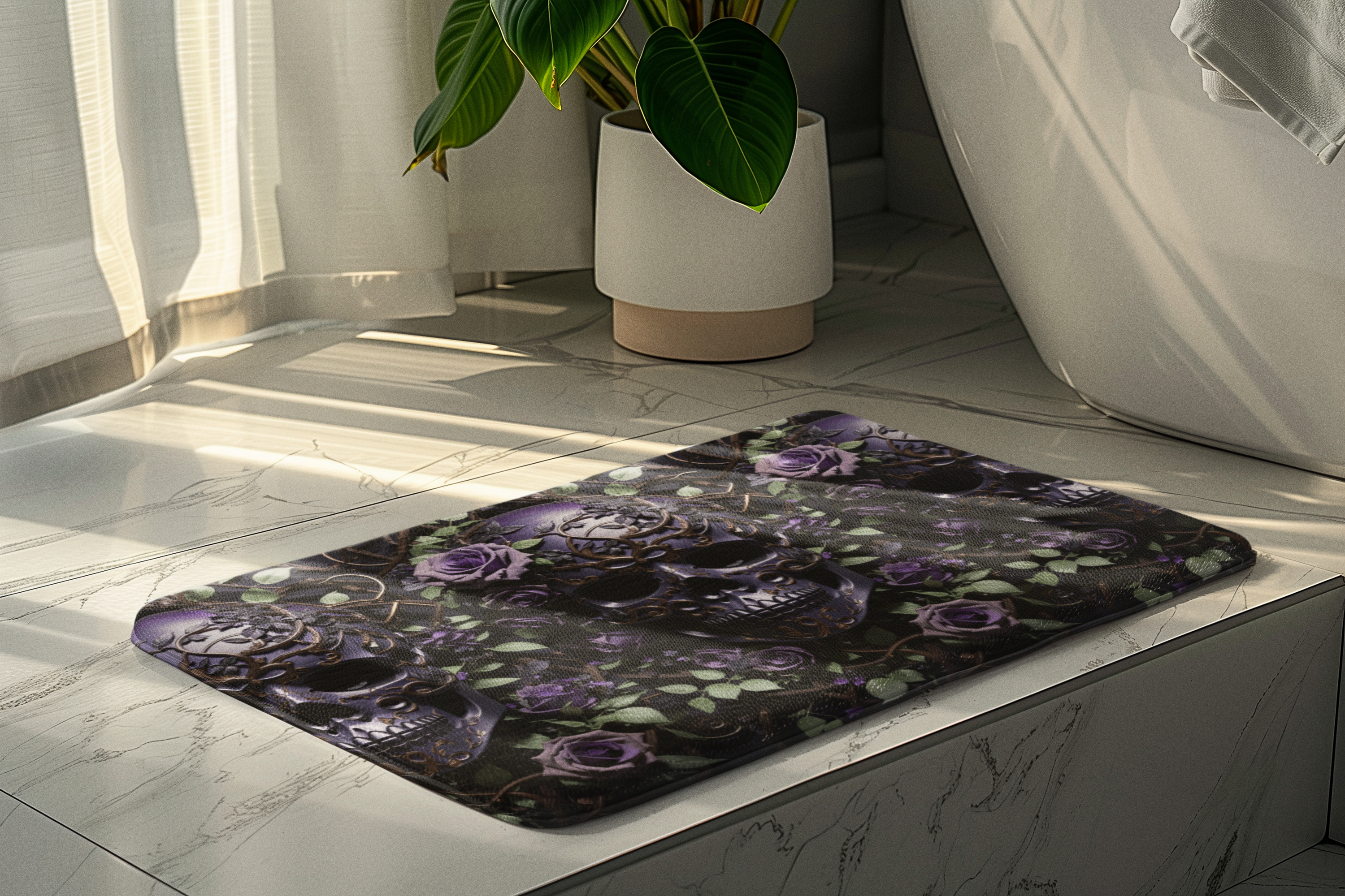 Gothic Purple Skull Bath Mat — Dark Floral Rose Bathroom Decor