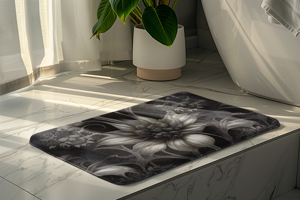 Gothic Botanical Skull Bath Mat — Dark Floral Black Bathroom Decor