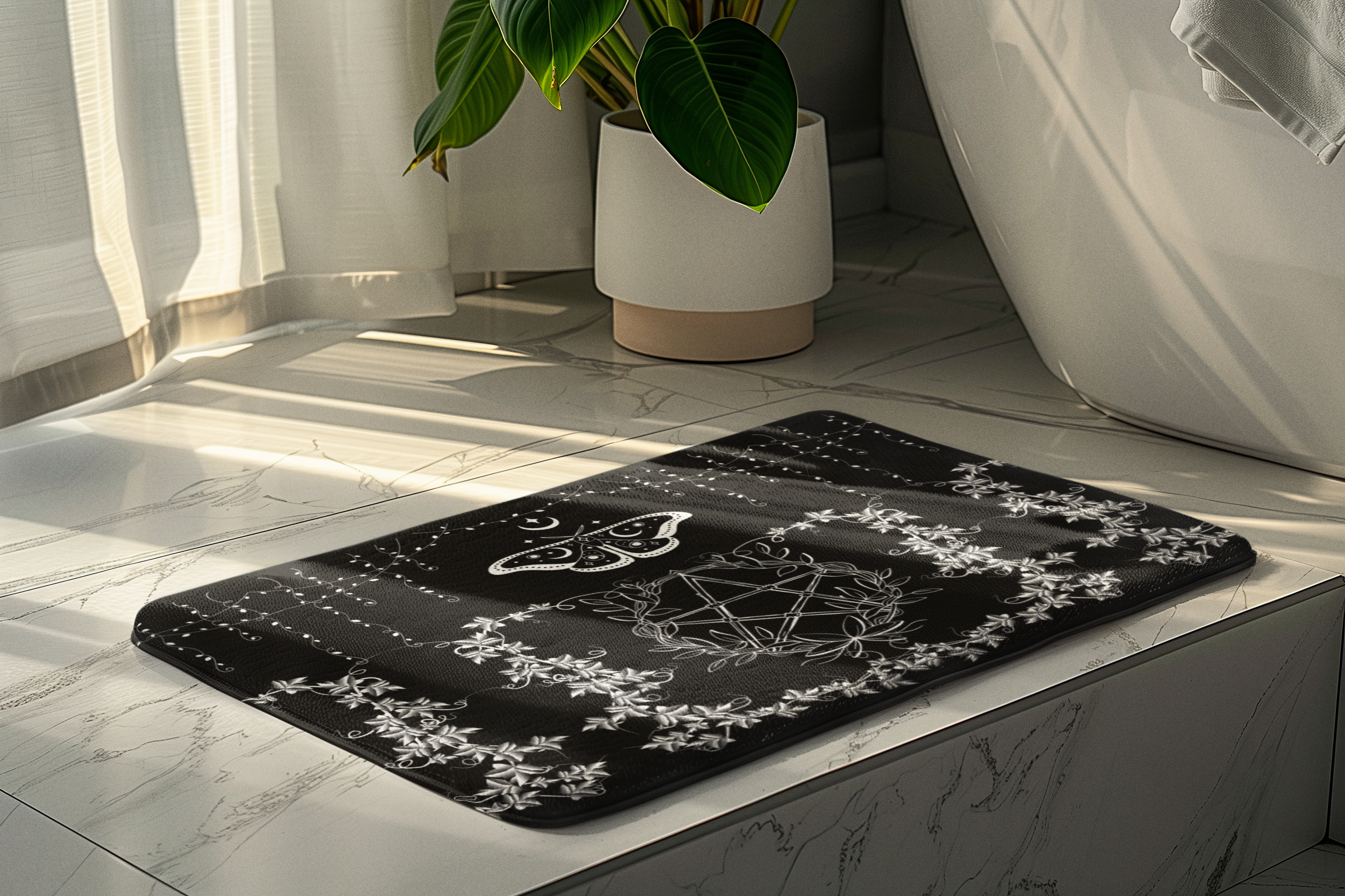 Gothic Pentagram Luna Moth Bath Mat — Witchy Floral Bathroom Decor