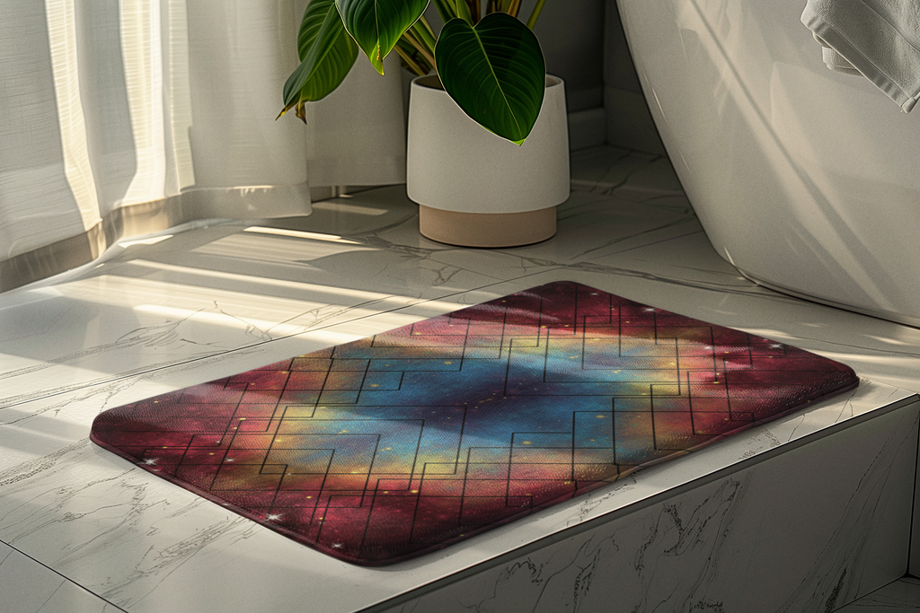 Rainbow Galaxy Geometric Bath Mat — Colorful Space Bathroom Decor