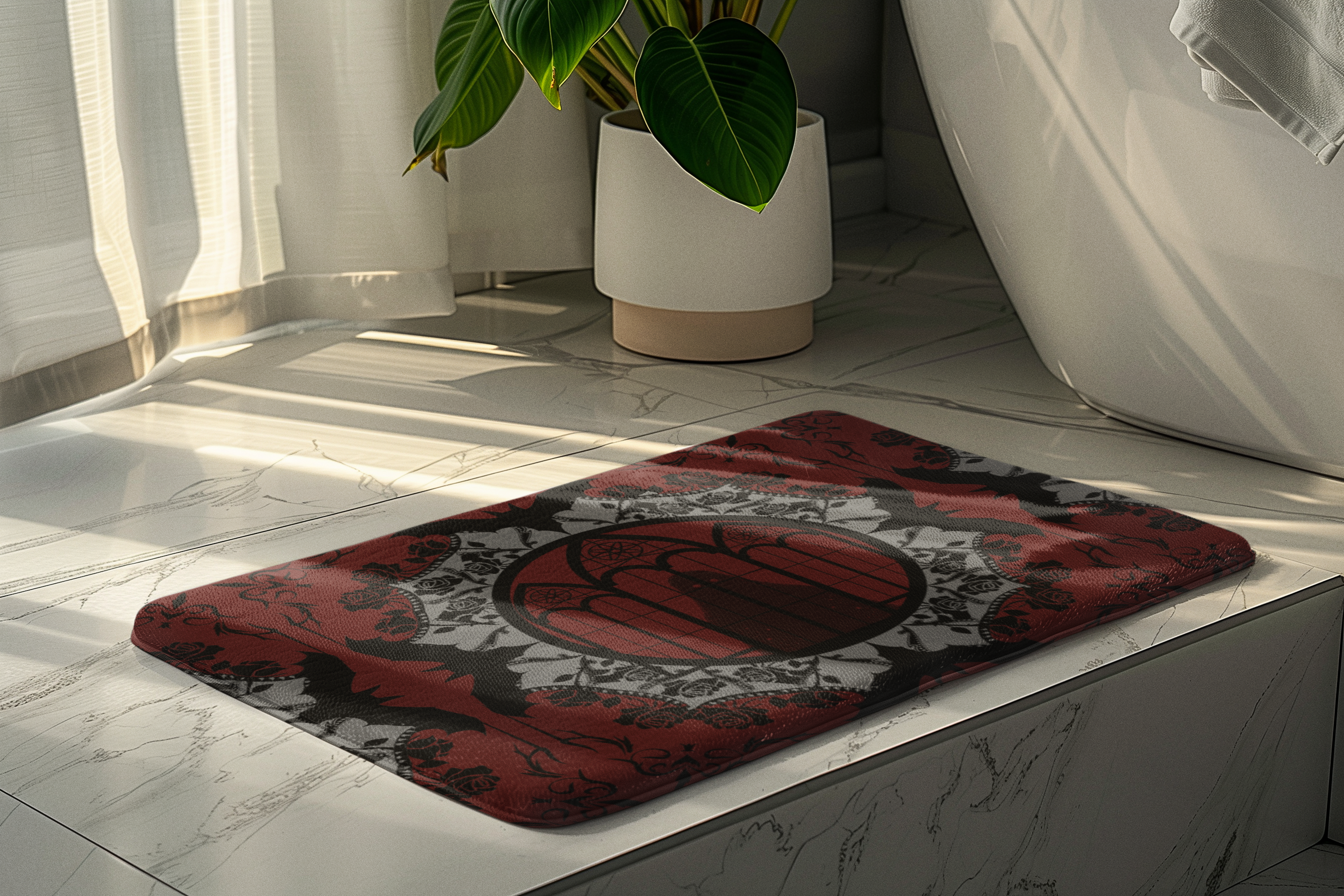 Gothic Cathedral Bats Bath Mat — Elegant Crimson Bathroom Decor