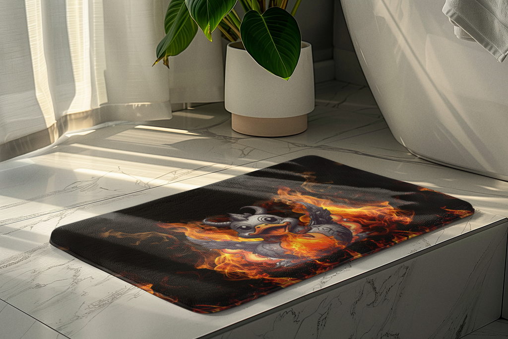 Gothic Fire Duck Bath Mat — Demon Rubber Ducky Dark Bathroom Decor