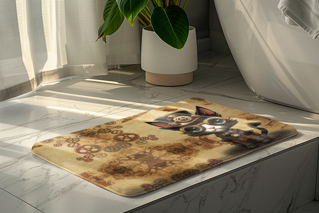 Steampunk Cat Bath Mat — Vintage Industrial Bathroom Decor