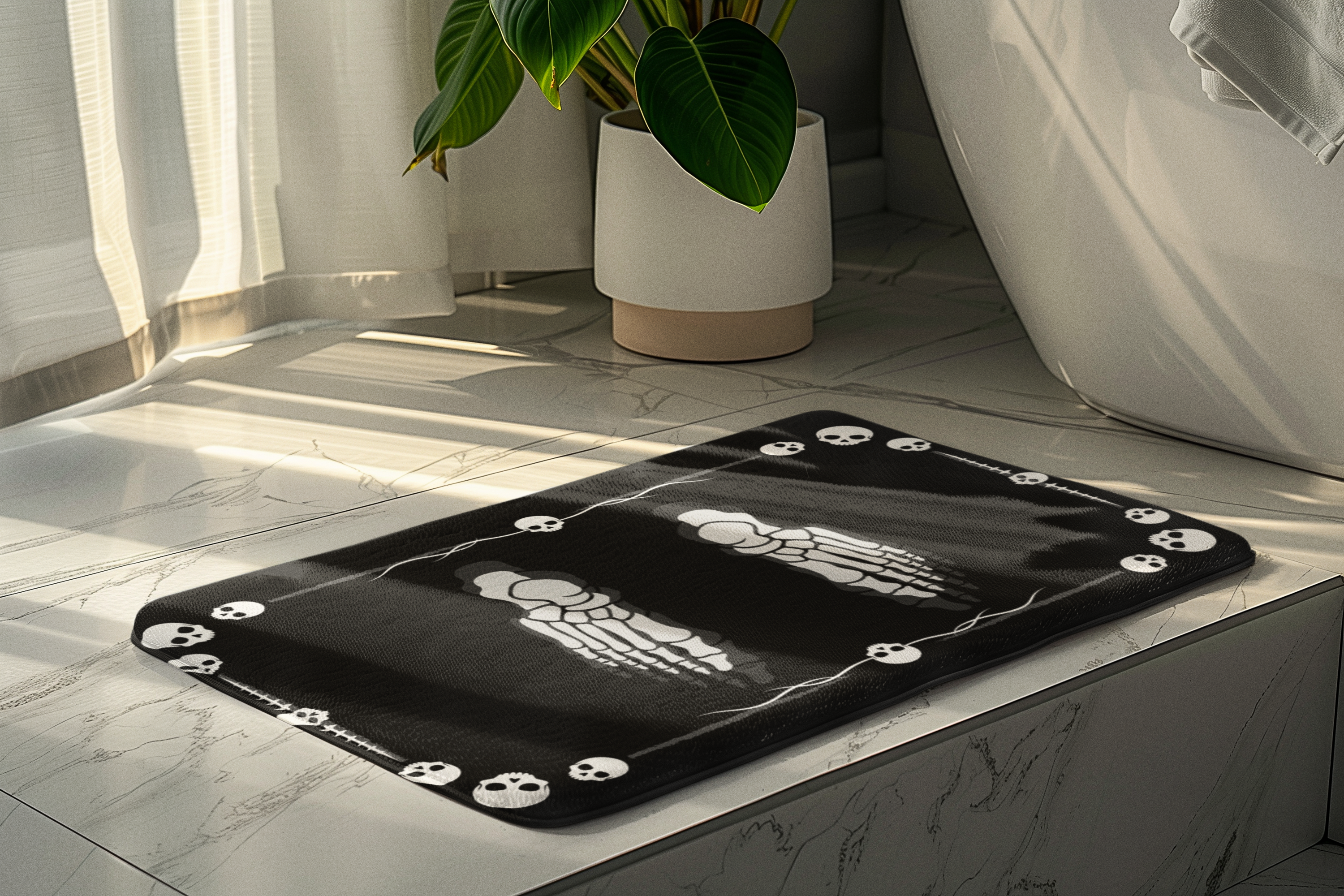 Skeleton Footprints Bath Mat — Gothic Skull Border Black Bathroom Decor