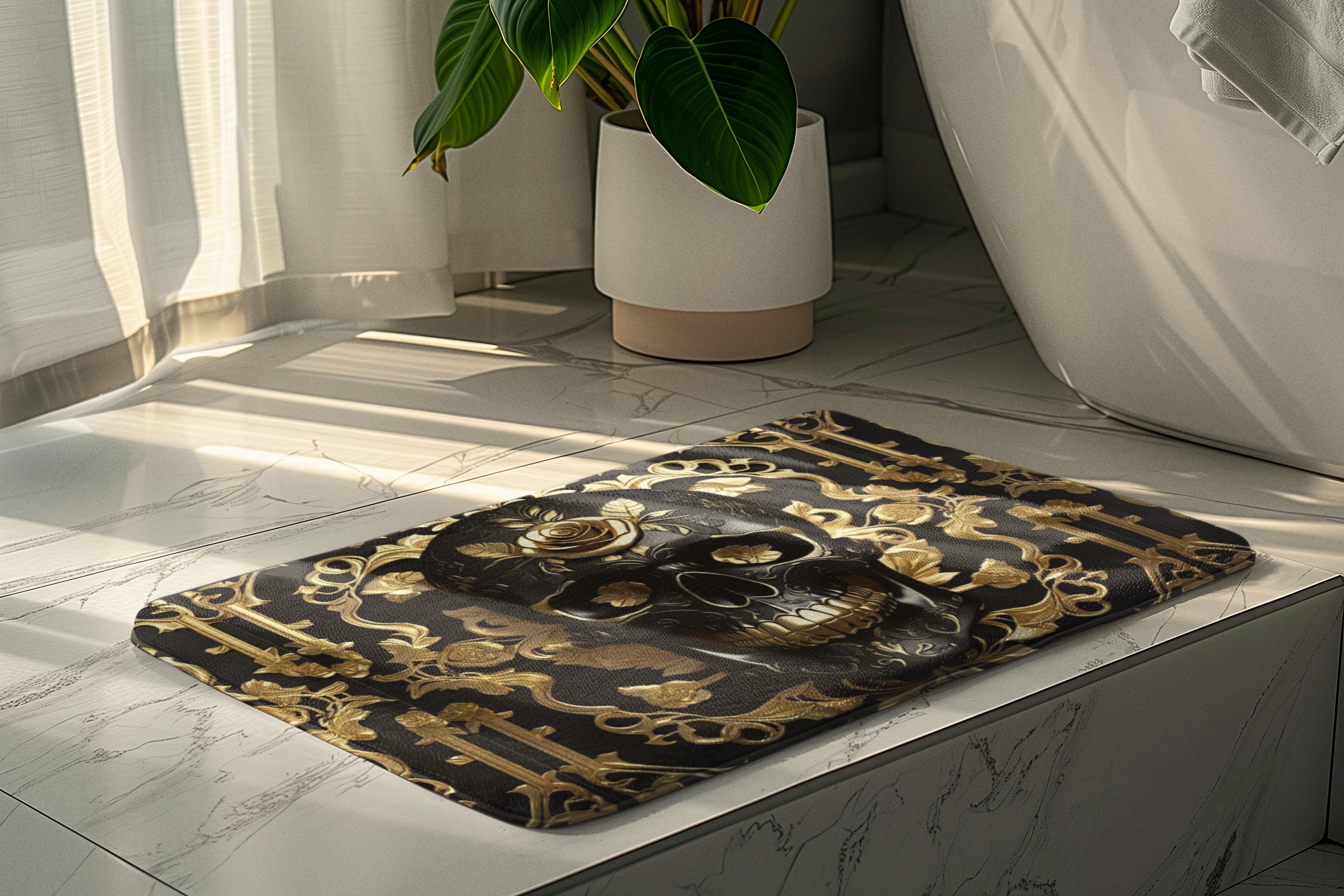 Gothic Black & Gold Skull Bath Mat — Luxury Baroque Bathroom Decor