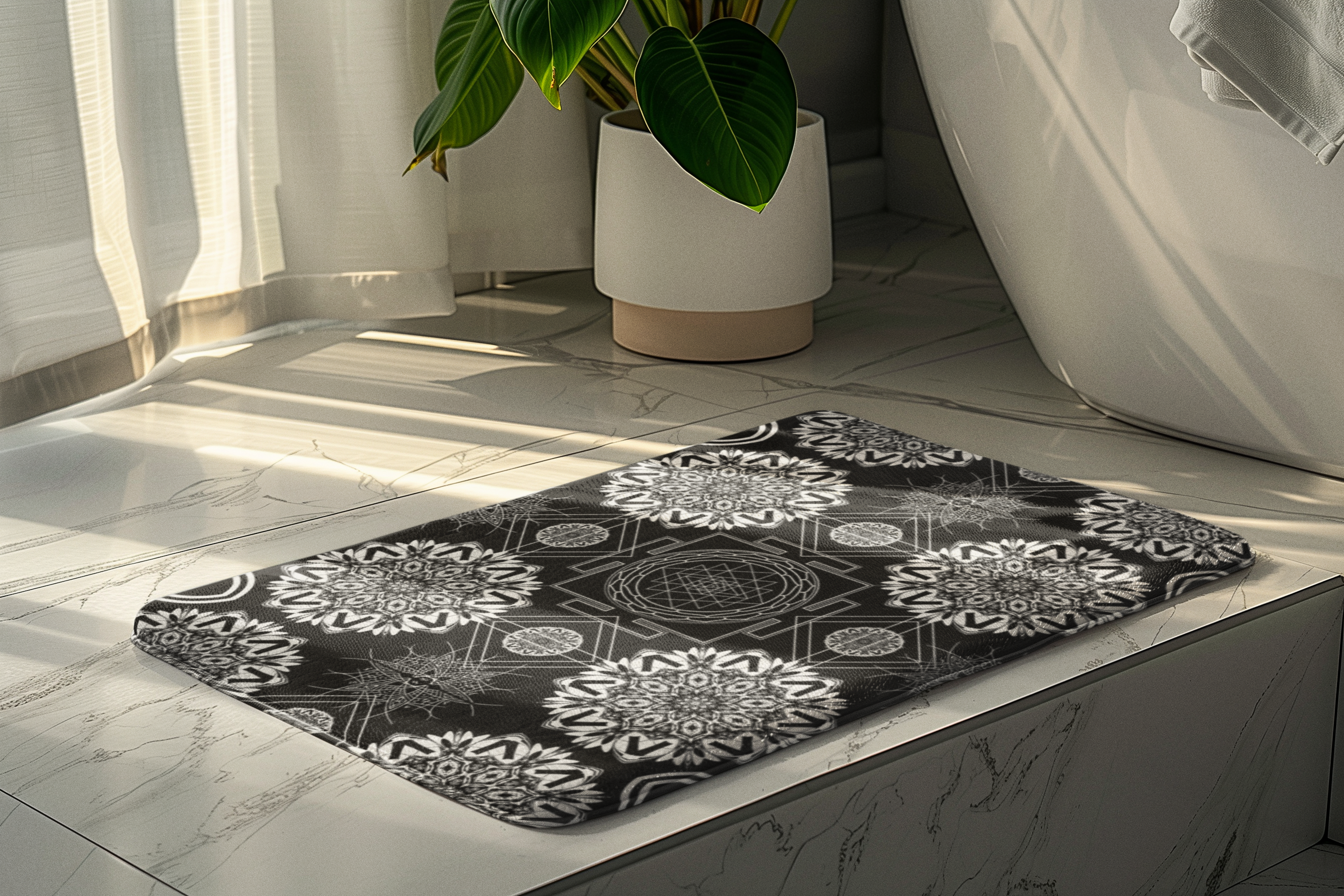 Sacred Geometry Bath Mat — Mystical Black & White Mandala Bathroom Decor