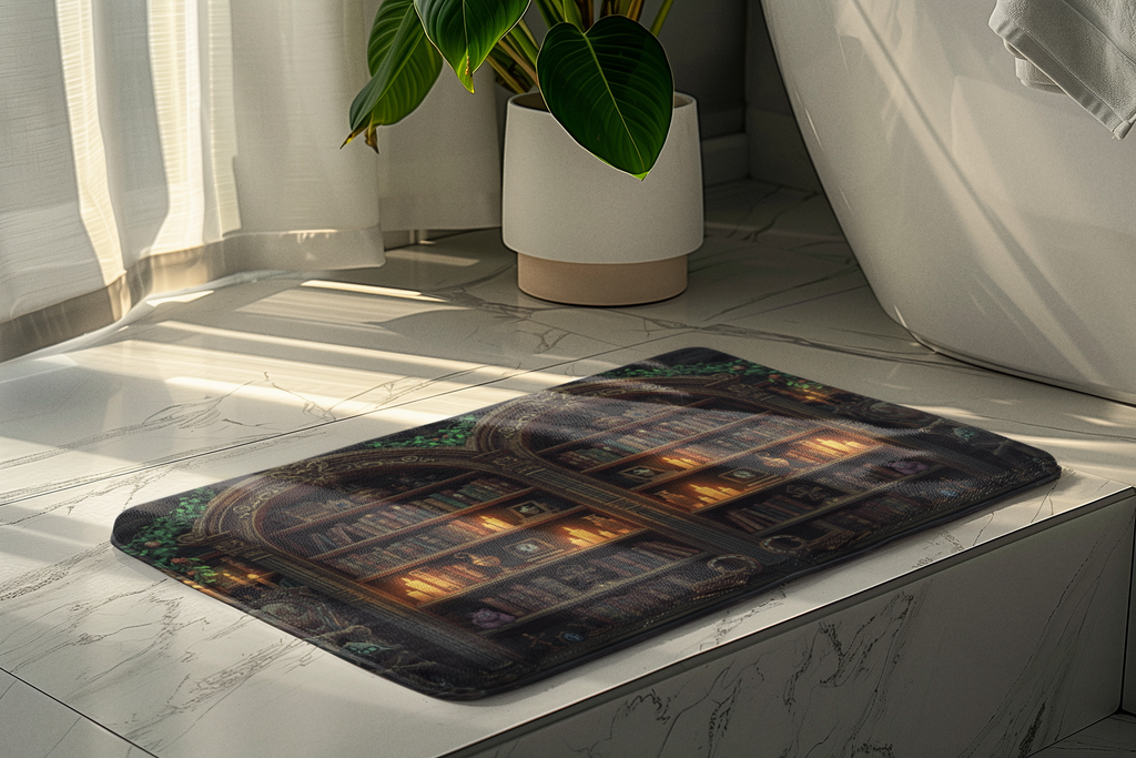 Whimsigoth Bookcase Bath Mat — Gothic Library Dark Fantasy Bathroom Decor