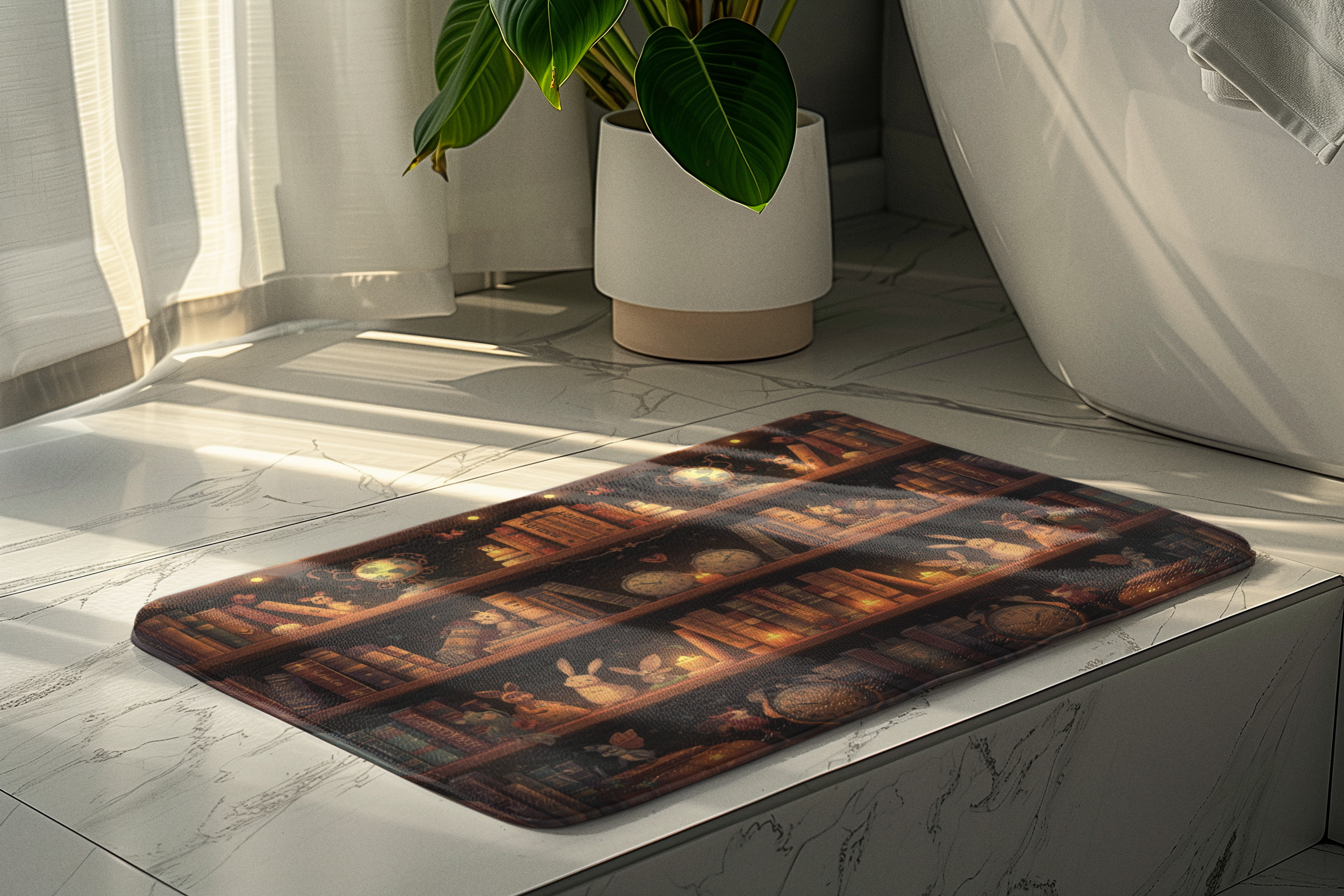 Whimsical Rabbit Bookcase Bath Mat — Cozy Fantasy Book Lover Bathroom Decor