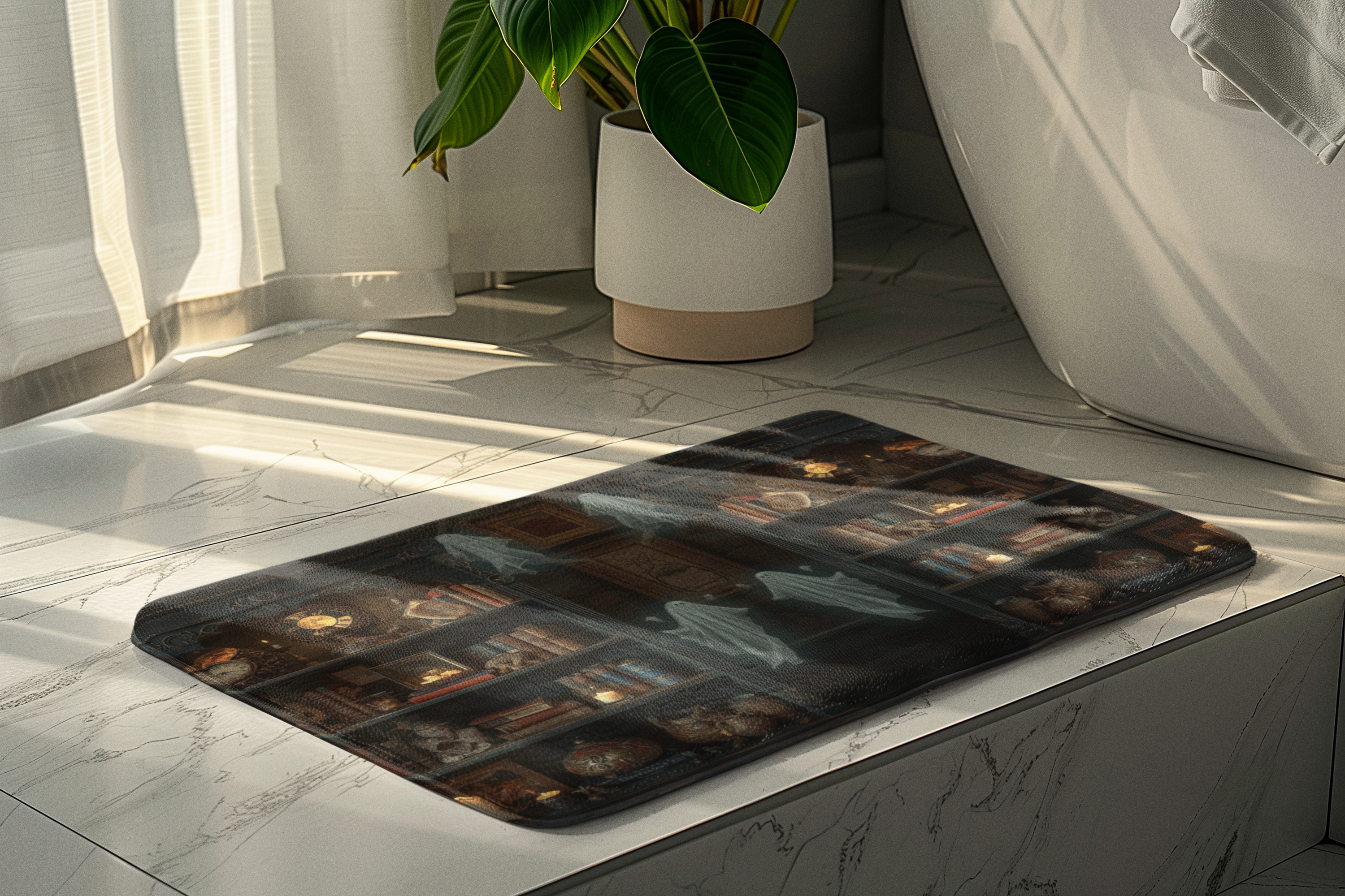 Whimsigoth Ghost Bookcase Bath Mat — Dark Academia Gothic Library Bathroom Decor