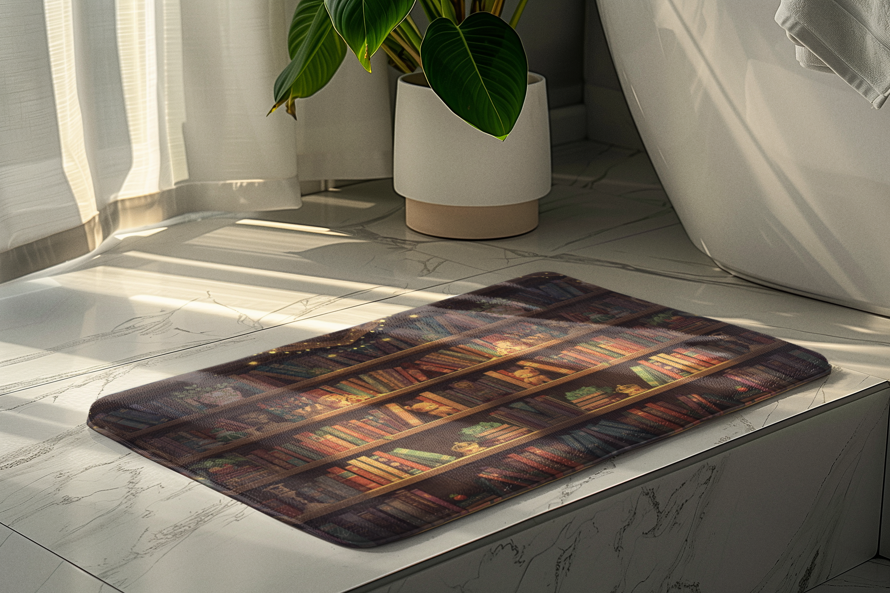 Cottagecore Bookcase Bath Mat — Cozy Fantasy Book Lover Bathroom Decor