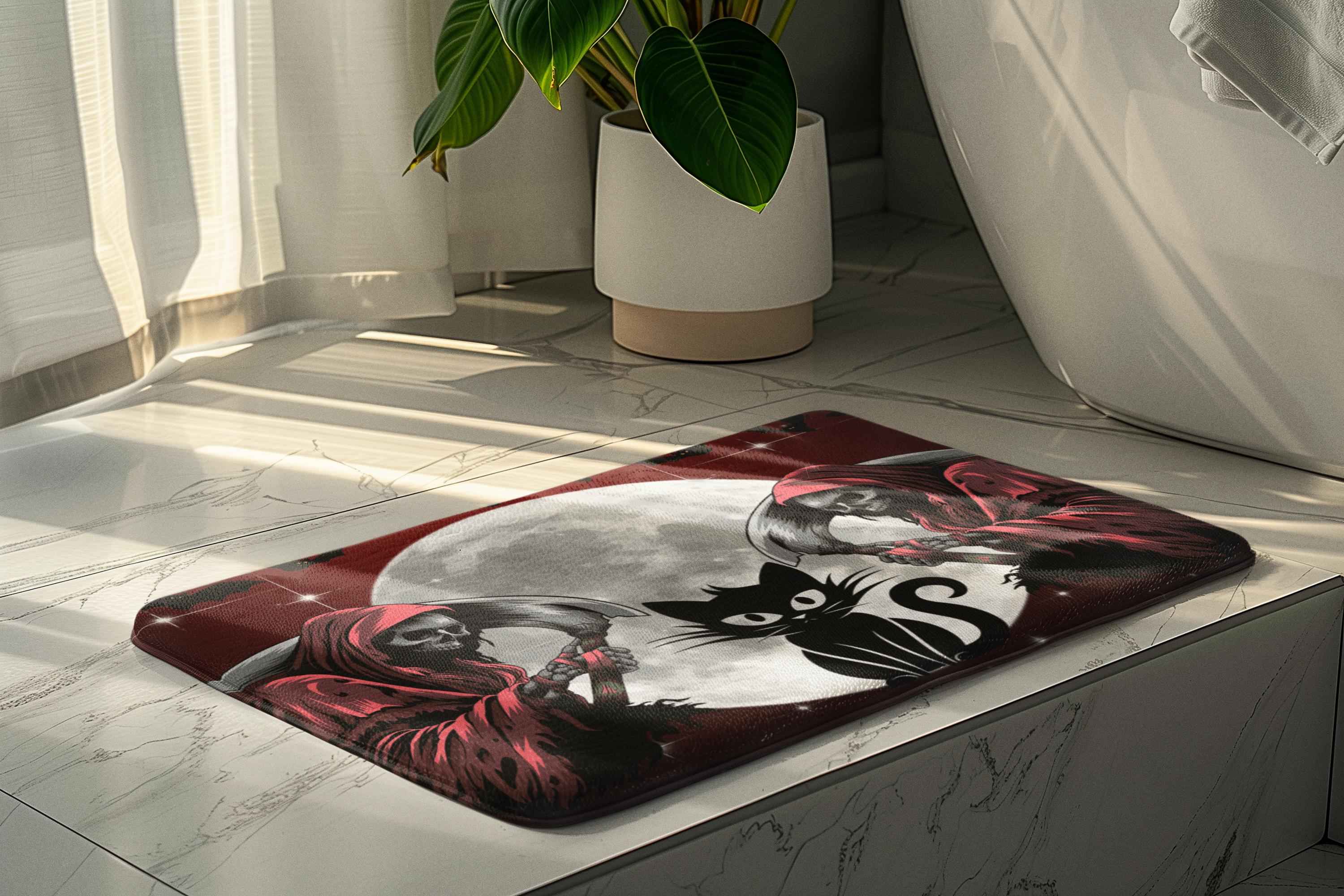 Gothic Grim Reaper Cat Bath Mat — Full Moon Bathroom Decor