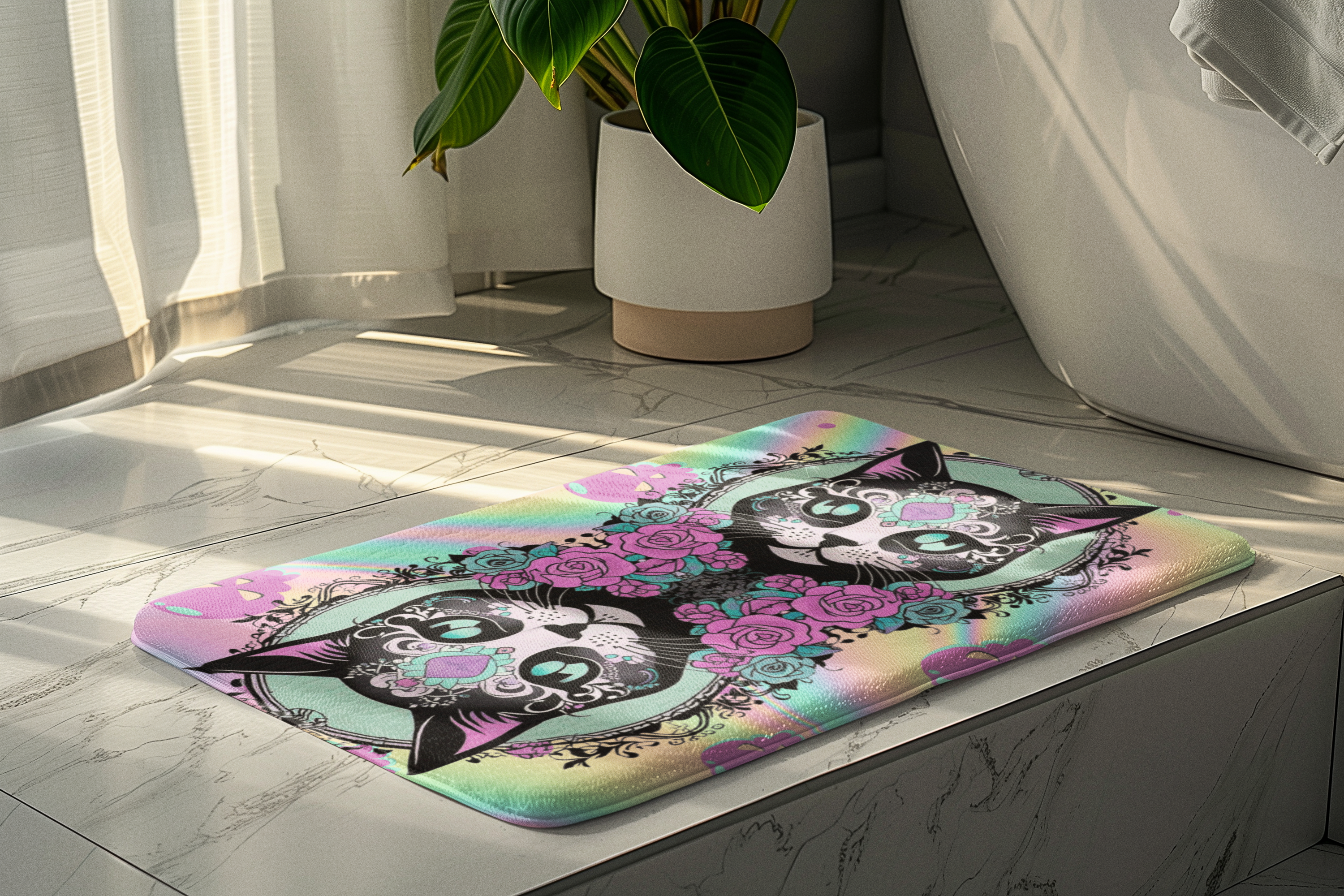 Pastel Goth Sugar Skull Cat Bath Mat — Whimsical Bathroom Decor