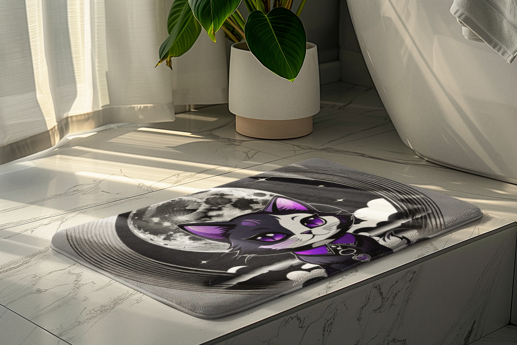 Pastel Goth Black Cat Full Moon Bath Mat — Witchy Bathroom Decor