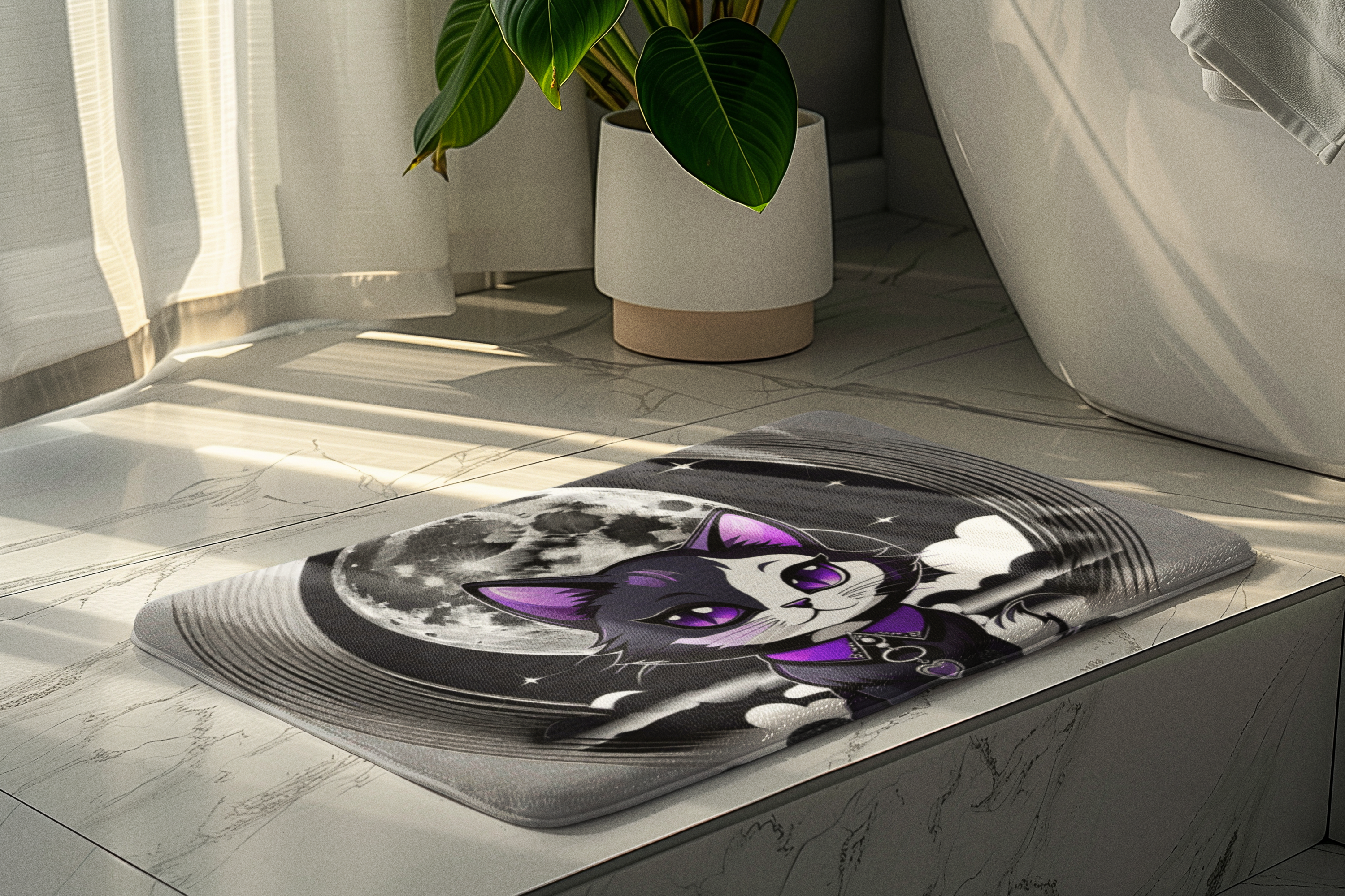 Pastel Goth Black Cat Full Moon Bath Mat — Witchy Bathroom Decor