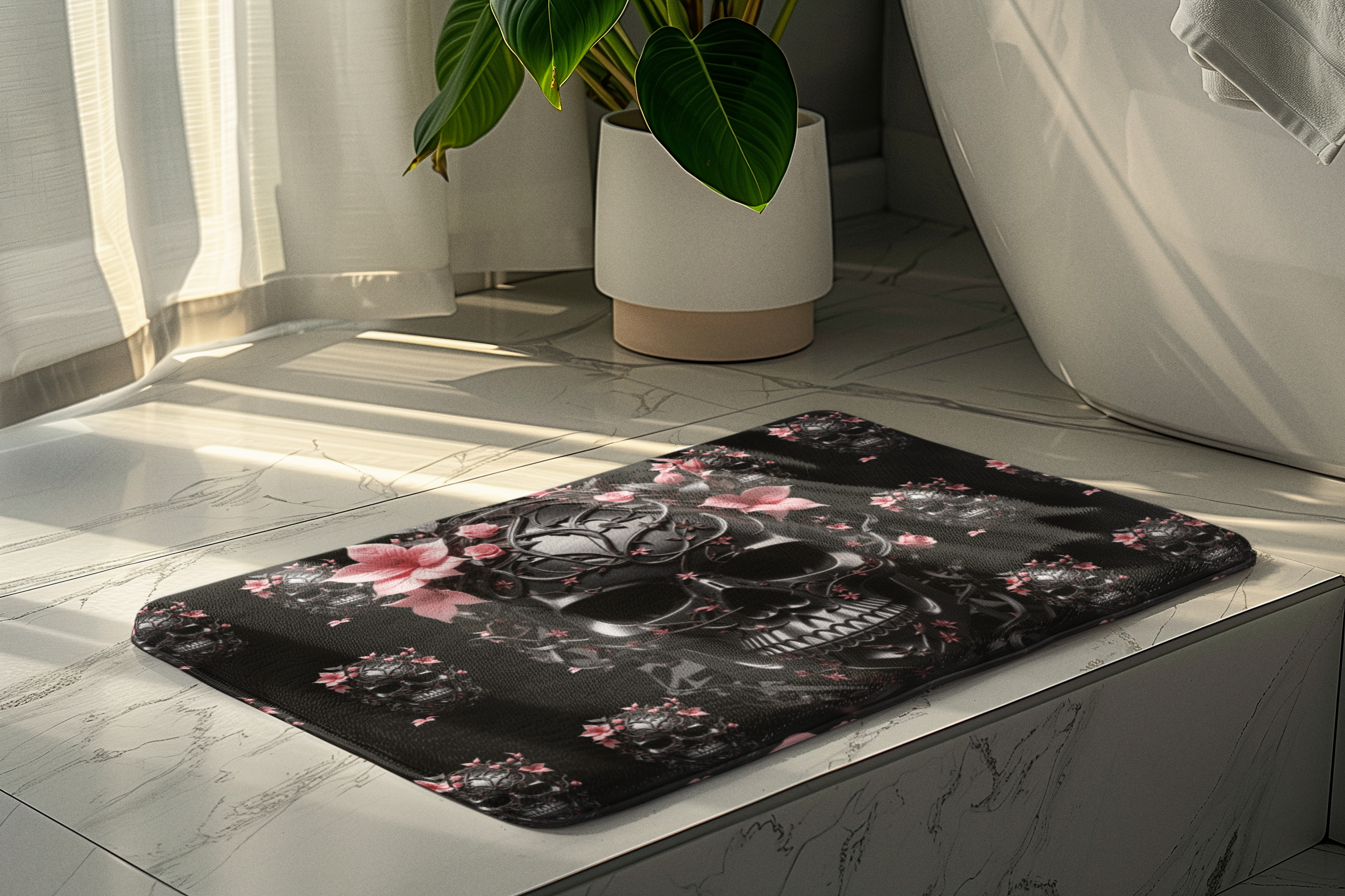 Gothic Floral Skull Bath Mat — Dark Botanical Bathroom Decor