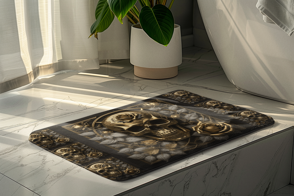 Gothic Black & Gold Skull Rose Bath Mat — Gothic Glam Bathroom Decor