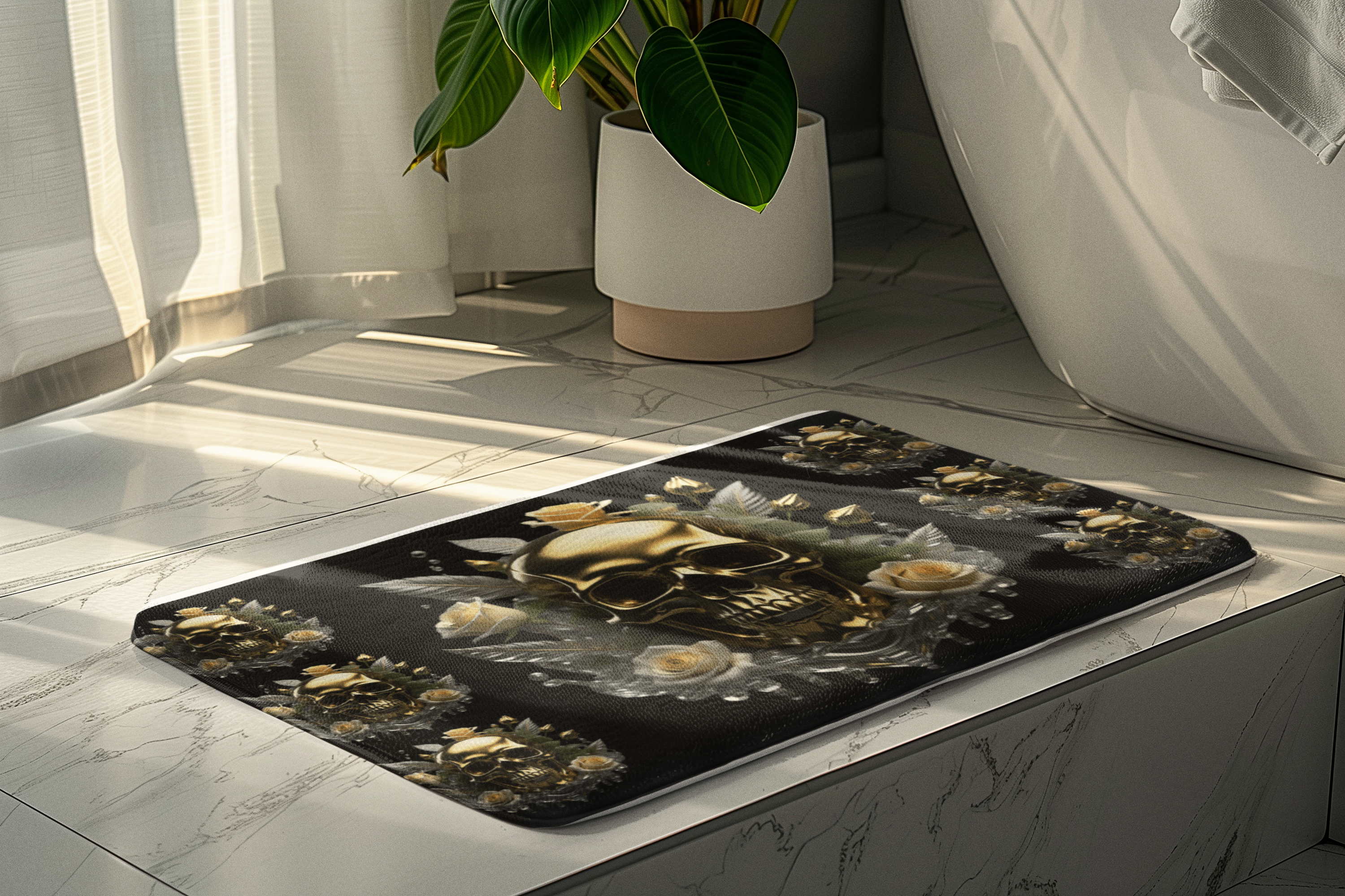 Gothic Gold Skull Crystal Rose Bath Mat — Whimsigoth Bathroom Decor