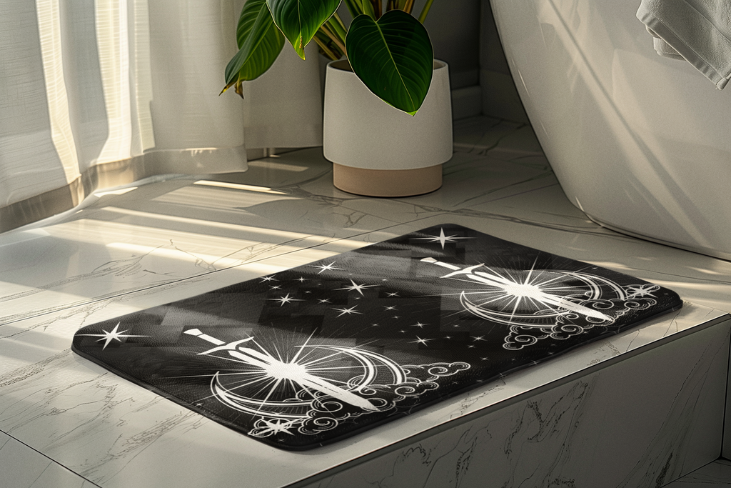 Gothic Celestial Sword Crescent Moon Bath Mat — Starry Night Bathroom Decor
