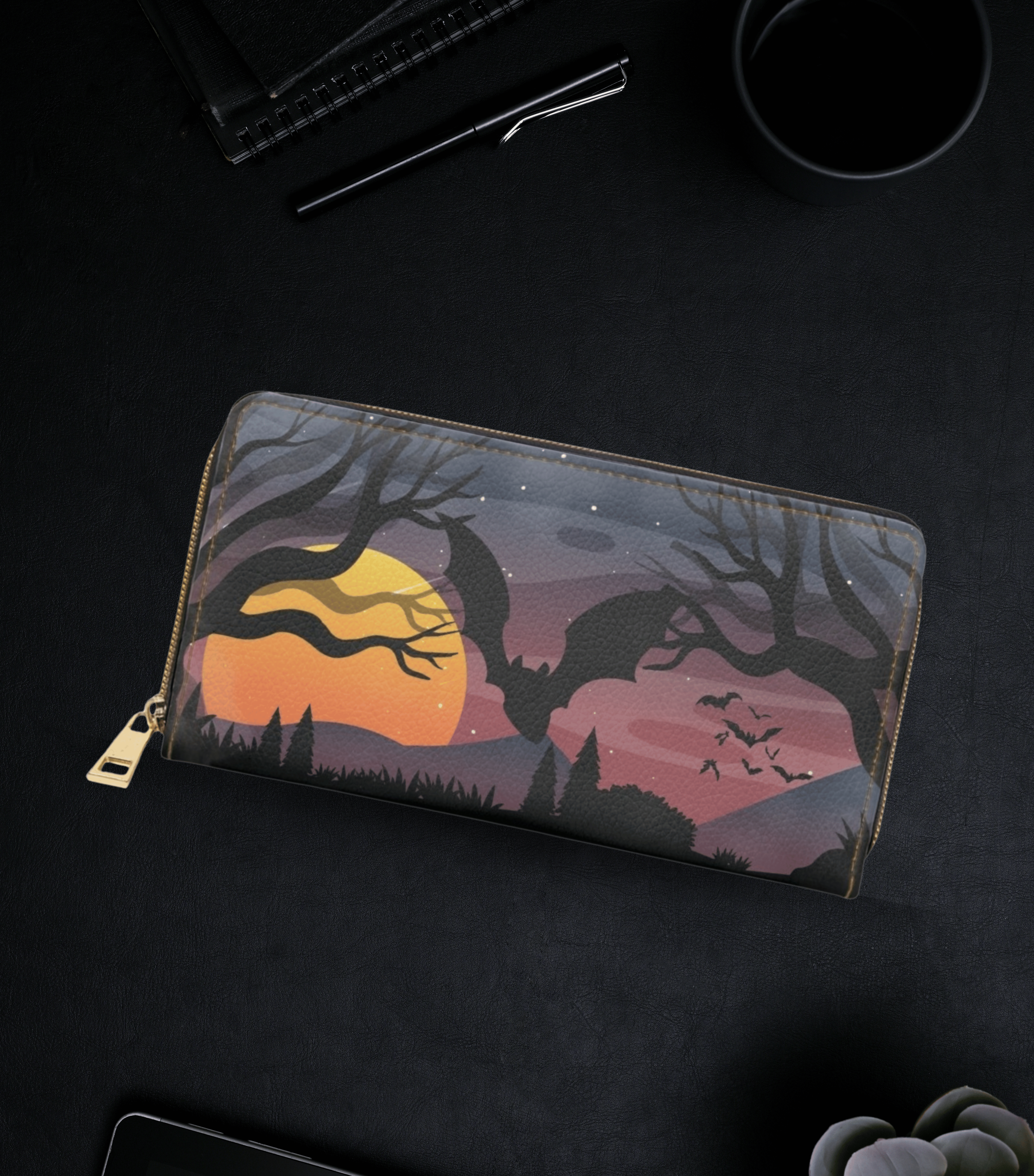 Gothic haunted forest twisted trees amber full moon bats purple dusk sky faux leather zipper wallet gold hardware